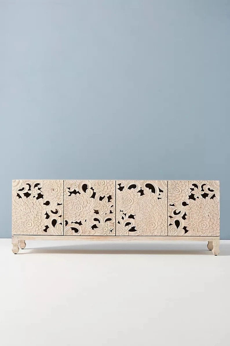 Handmade Hardwood Lotus Flower Media Console Table - Warm White Finish for Living Room, Bedroom & Home Decor