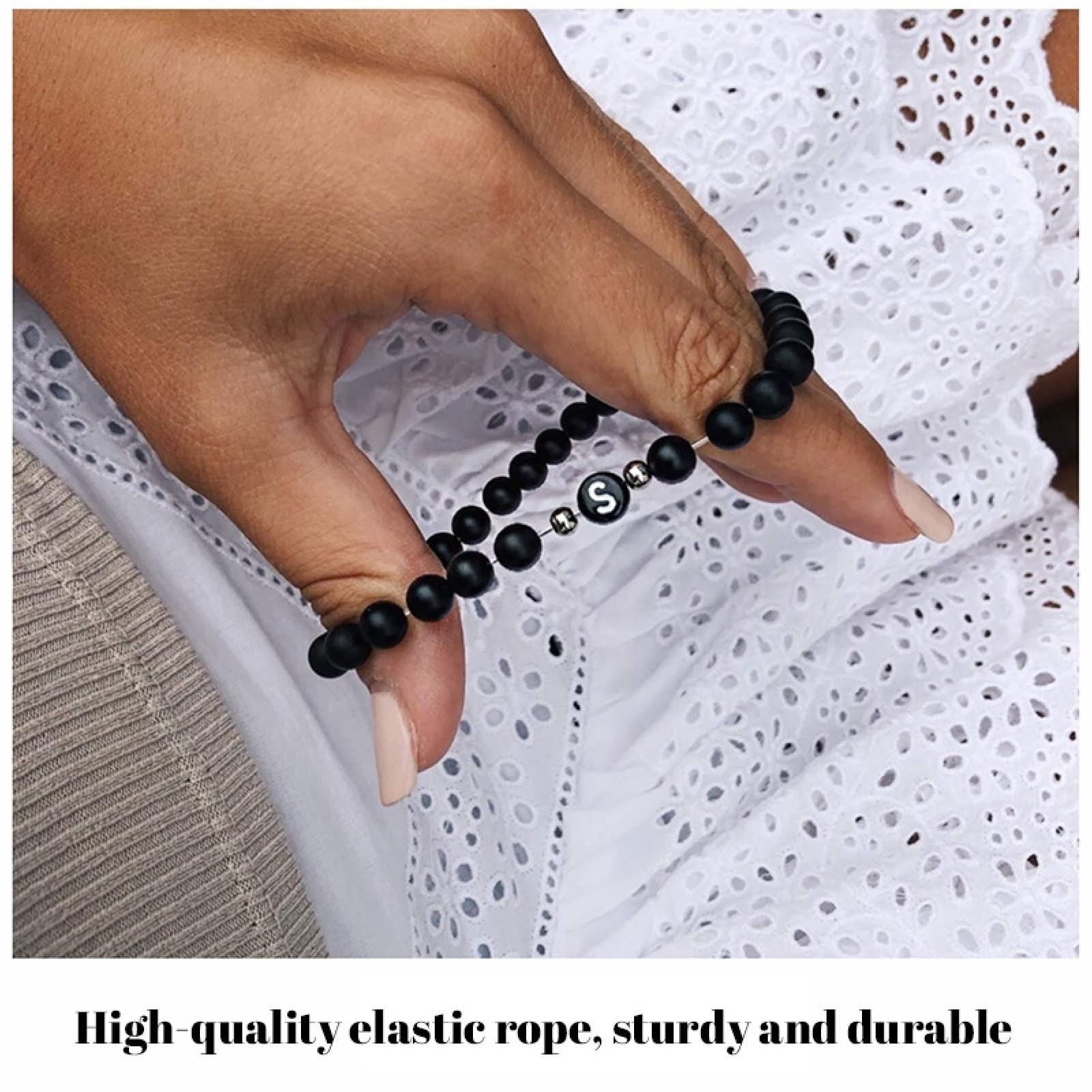 Black Agate Beaded Bracelet for Women & Men - Elastic Letter U Bead Bracelet with Alloy Charms, Unisex Birthday Gift for Her & Him - Perfect for Casual Wear, Parties & Special Occasions