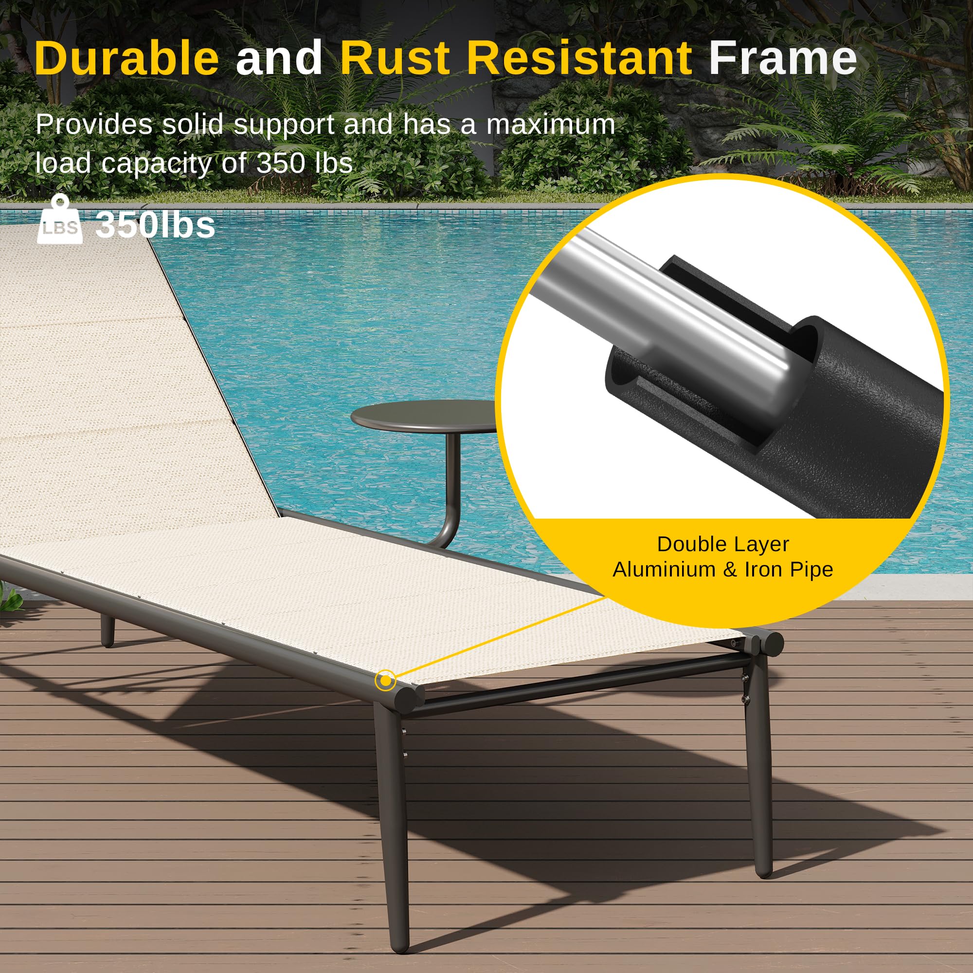 EAST OAK Textilene Outdoor Chaise Lounge Chair - 2024 Aluminum Patio Recliner with Adjustable 5-Position Backrest & Side Table - Waterproof Sunbed for Poolside, Beach, Backyard, Porch, Garden Relaxation - Perfect for Summer Lounging, Vacation & Outdoor Leisure