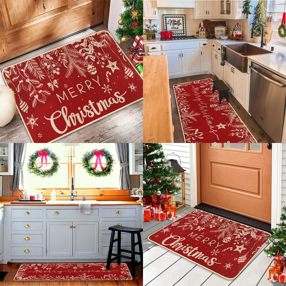 Christmas Kitchen Rugs Set of 2 - Non-Slip Holiday Floor Mats with Holly Pine Design for Xmas Decor, Red Winter Kitchen Mats for Farmhouse, Bedroom & Entryway - Perfect for Holiday Gatherings and Cozy Home Decor