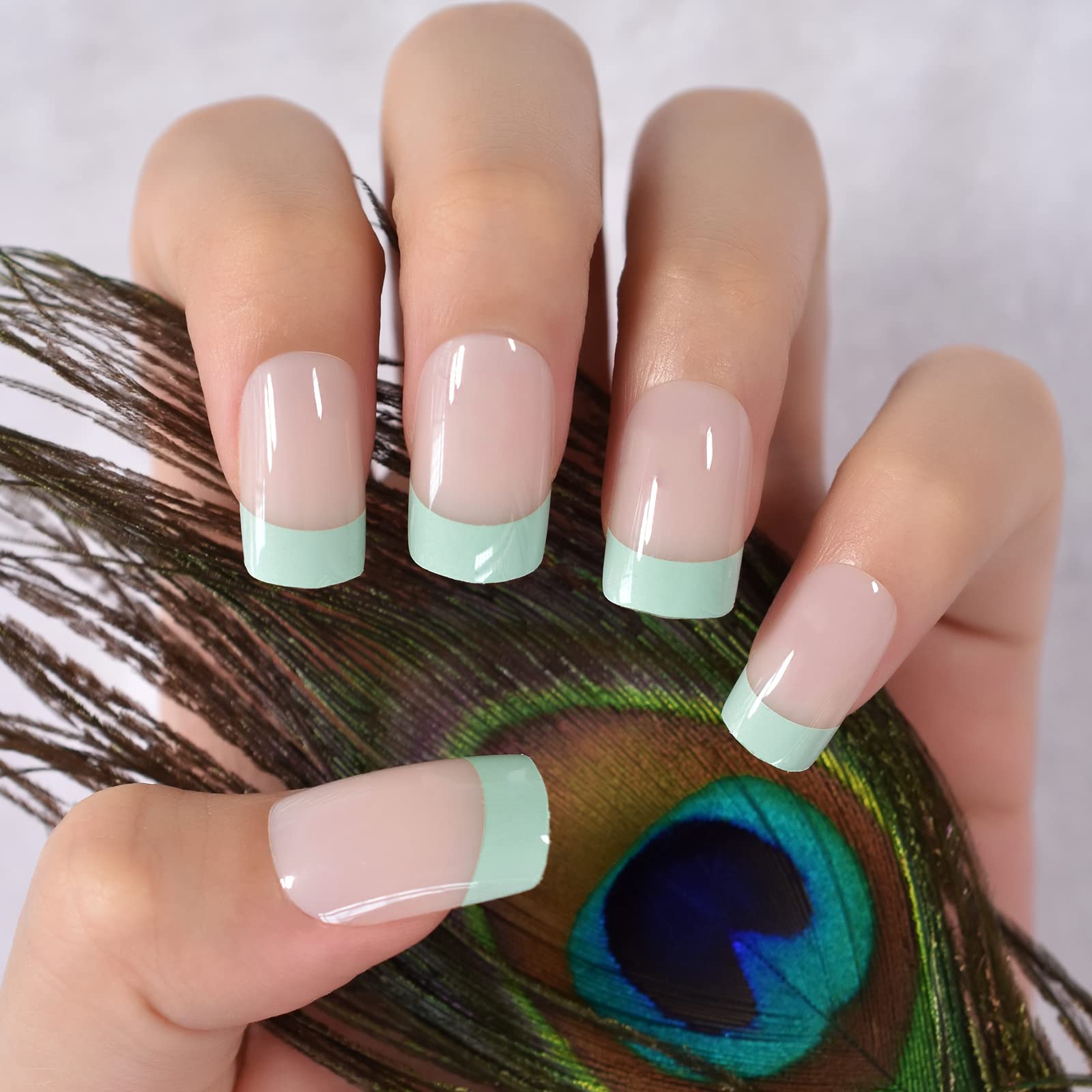 Natural Nude Green Edge French Press-On Nail Tips - Short Squoval False Nails for Salon & DIY Manicure | Reusable Artificial Nails for Daily Wear, Office & Home | Perfect for Work, Parties & Special Occasions