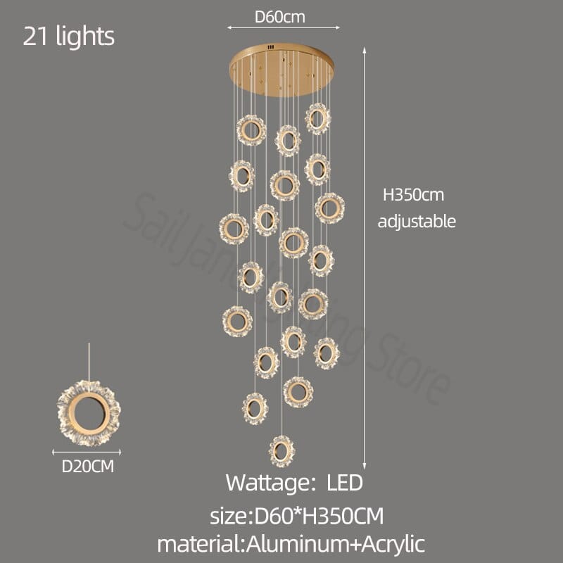 Elegant LED Light Staircase Chandelier Rings - Modern Staircase Lighting Decor for Home & Office | Perfect for Hallways, Stairwells, and Entryways