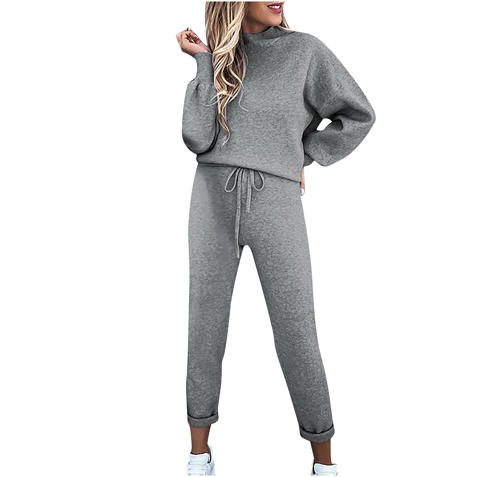 ABABC Women's Solid Color Sweatsuit Set - 2 Piece Turtleneck Sports Top & Drawstring Sweatpants | Casual Athletic Outfit for Gym, Yoga, Running & Lounge Wear