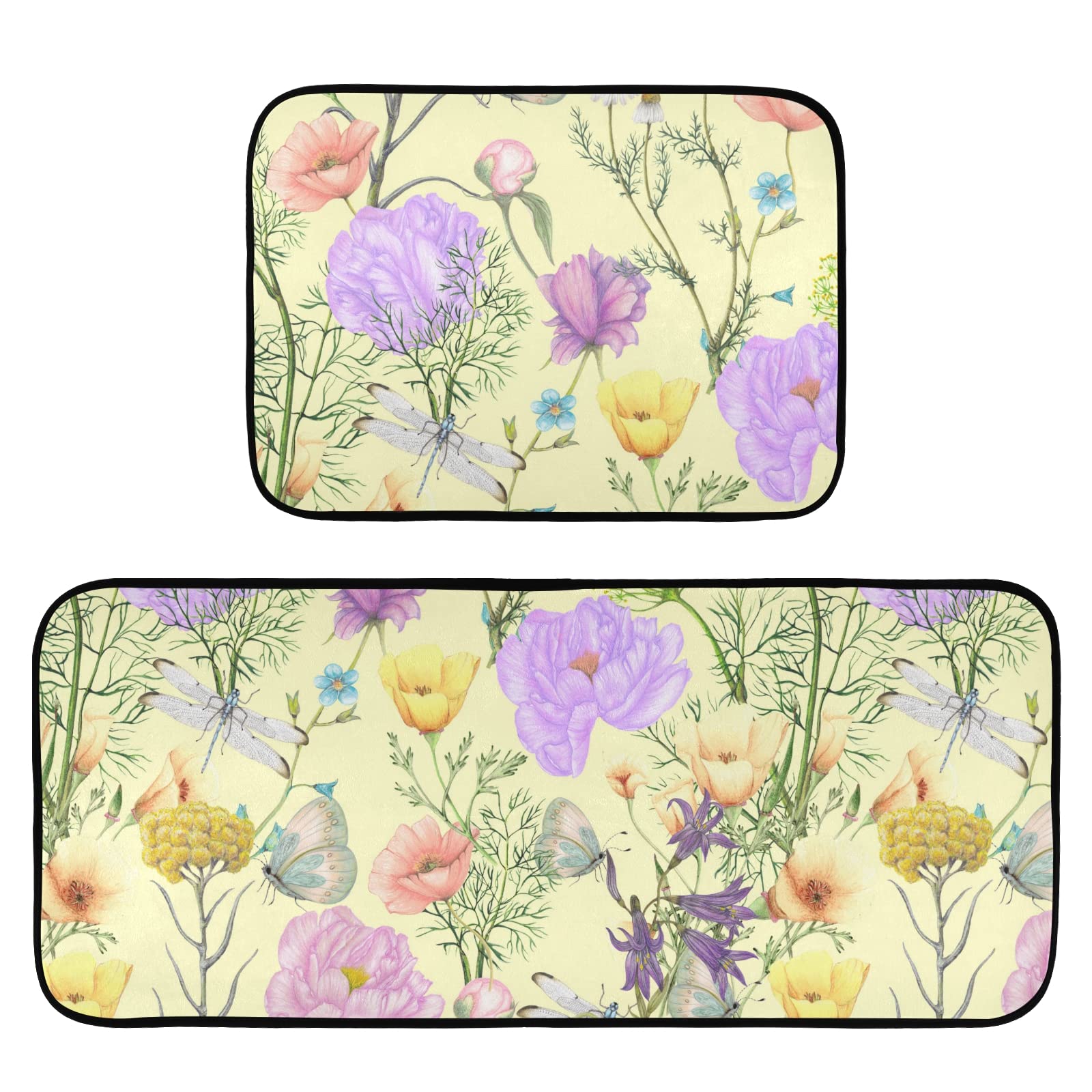 Emelivor 2-Pack Anti-Fatigue Kitchen Rugs - Non-Slip Cushioned Foam Mats for Standing Comfort, Wildflower Design Farmhouse Decor - Perfect for Kitchen, Laundry Room & Entryway