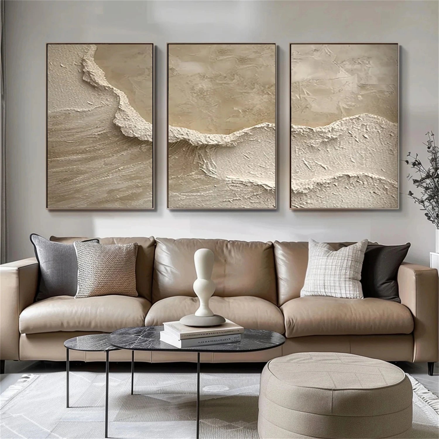 Custom Size Beige & Brown Abstract Wall Art Set of 3 - #BB099 | Modern Home Decor for Living Room, Bedroom & Office