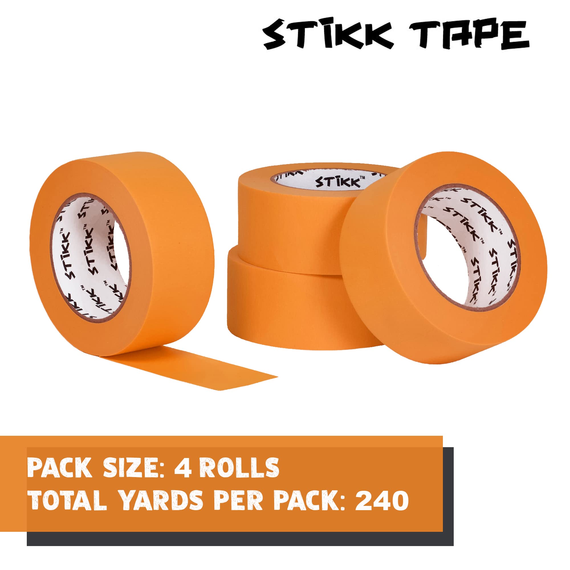 STIKK Professional Painter's Tape 4-Pack - 2 Inch x 60 Yards Orange Masking Tape for Walls, Trim, Ceilings & DIY Projects - Residue-Free, Sharp Paint Lines - Perfect for Home Renovation, Crafting & Wall Painting
