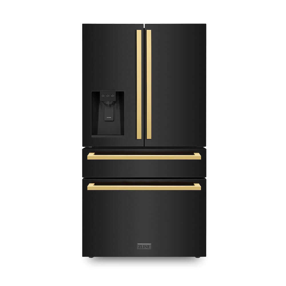 ZLINE Autograph Edition 36 Inch Counter Depth French Door Refrigerator - 21.6 cu.ft Capacity, Fingerprint Resistant Black Stainless Steel with Polished Gold Handles, Built-in Water and Ice Dispenser - Perfect for Modern Kitchens, Open Concept Homes & Luxury Appliances Collection (RFMZ W 36 BS FG)