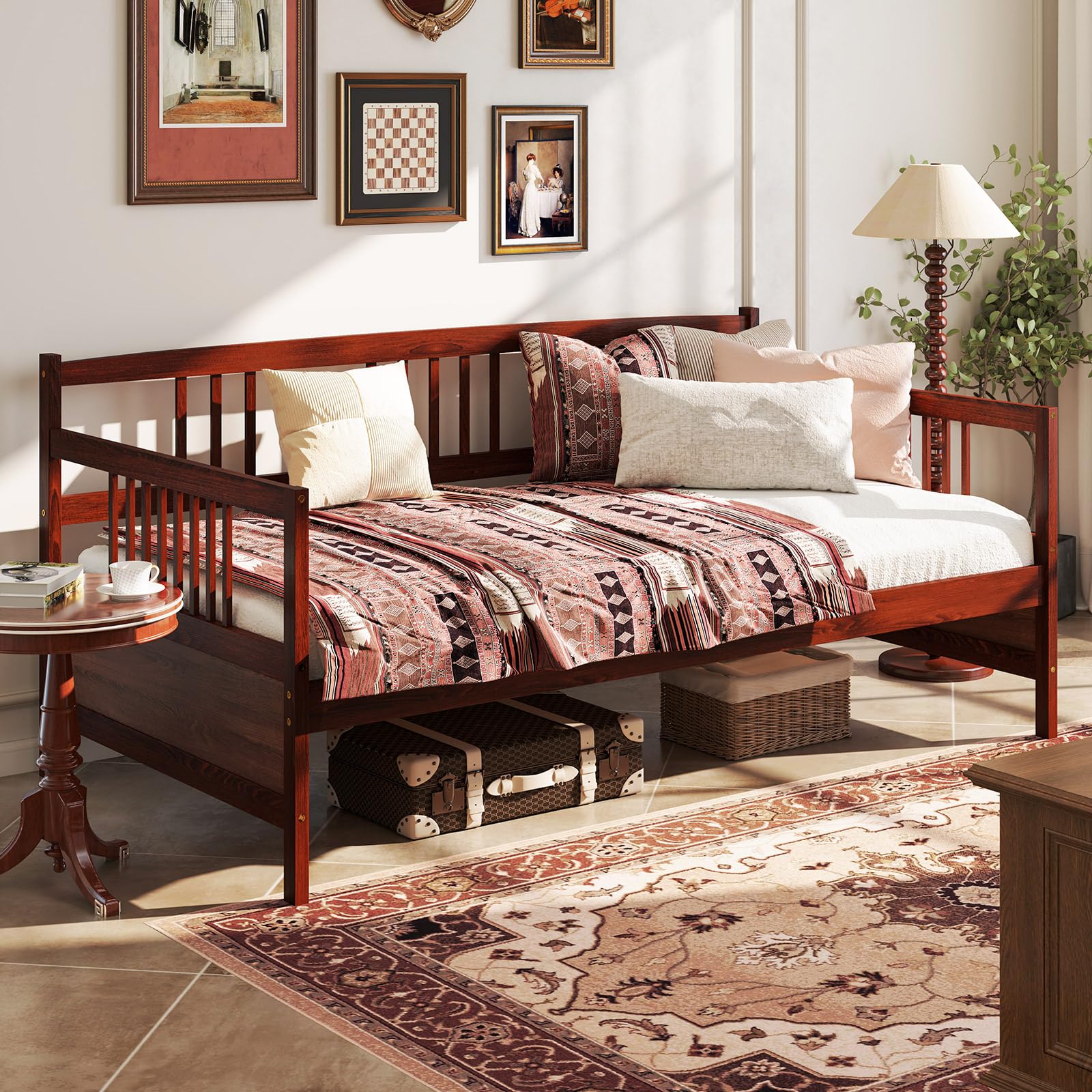 Giantex Twin Size Wooden Daybed Frame with Rails & Slat Support - Convertible Sofa Bed for Guest Room, Living Room or Bedroom - No Box Spring Needed - Cherry Finish - Perfect for Small Spaces, Sleepovers & Multi-Functional Furniture Needs