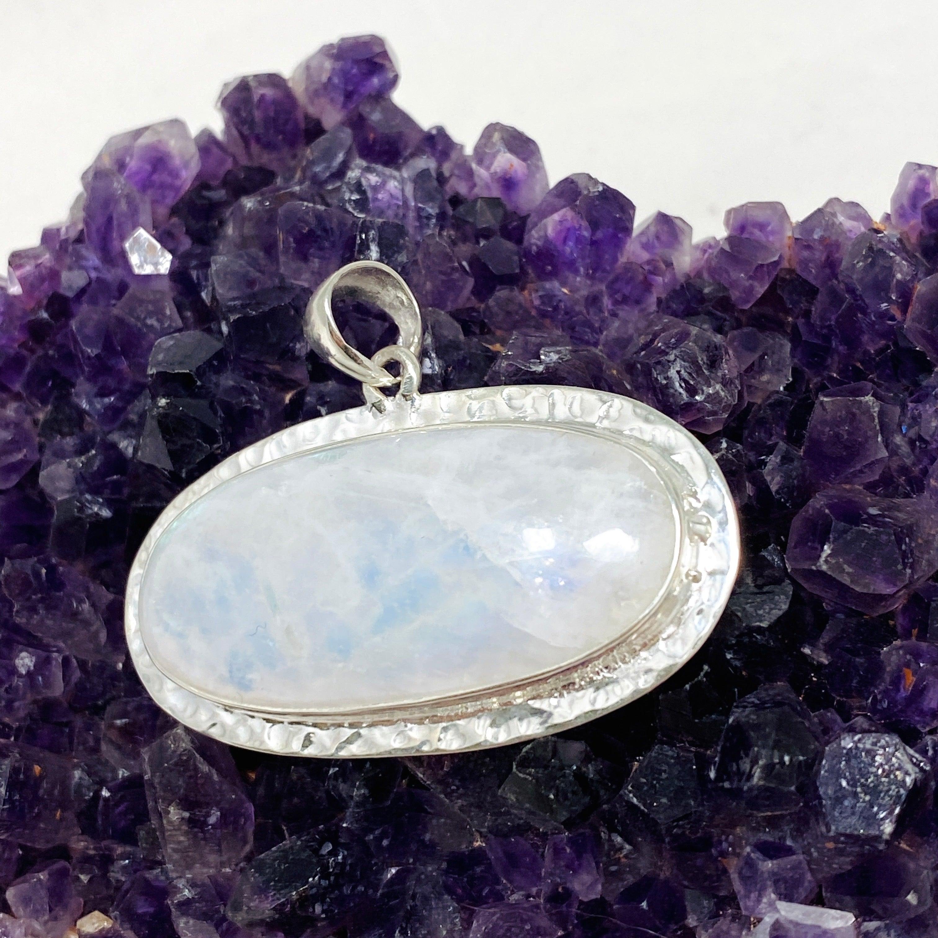 Moonstone Oval Pendant Necklace with Hammered Sterling Silver Setting KPGJ4242 - Elegant Boho Jewelry for Women, Perfect for Weddings & Special Occasions
