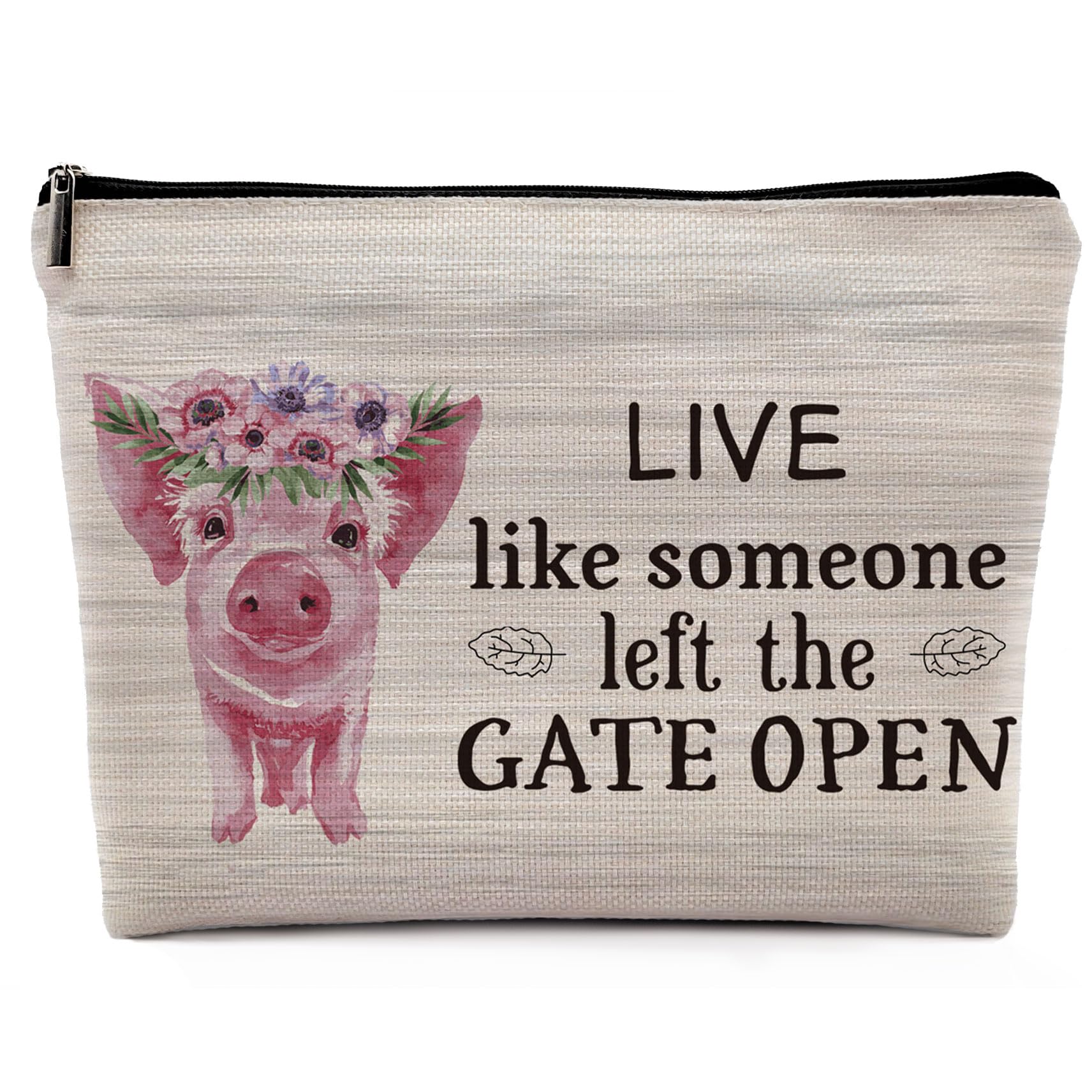 Farmhouse Floral Pig Makeup Bag - Cute Rustic Cosmetic Pouch with Zipper for Travel | Linen Makeup Organizer | Perfect Pig-Themed Gift for Women & Teen Girls | Great for Daily Use, Travel & Cosmetics Storage