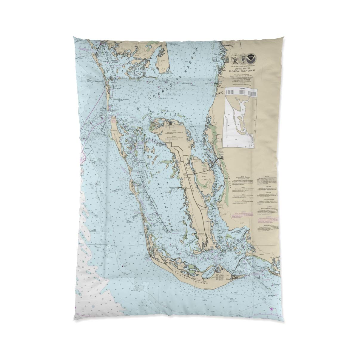 Sanibel Island Captiva Island Pine Island Nautical Chart Twin Size Comforter 68x88 Inches - Coastal Themed Bedding for Beach House, Boat Cabin & Nautical Decor