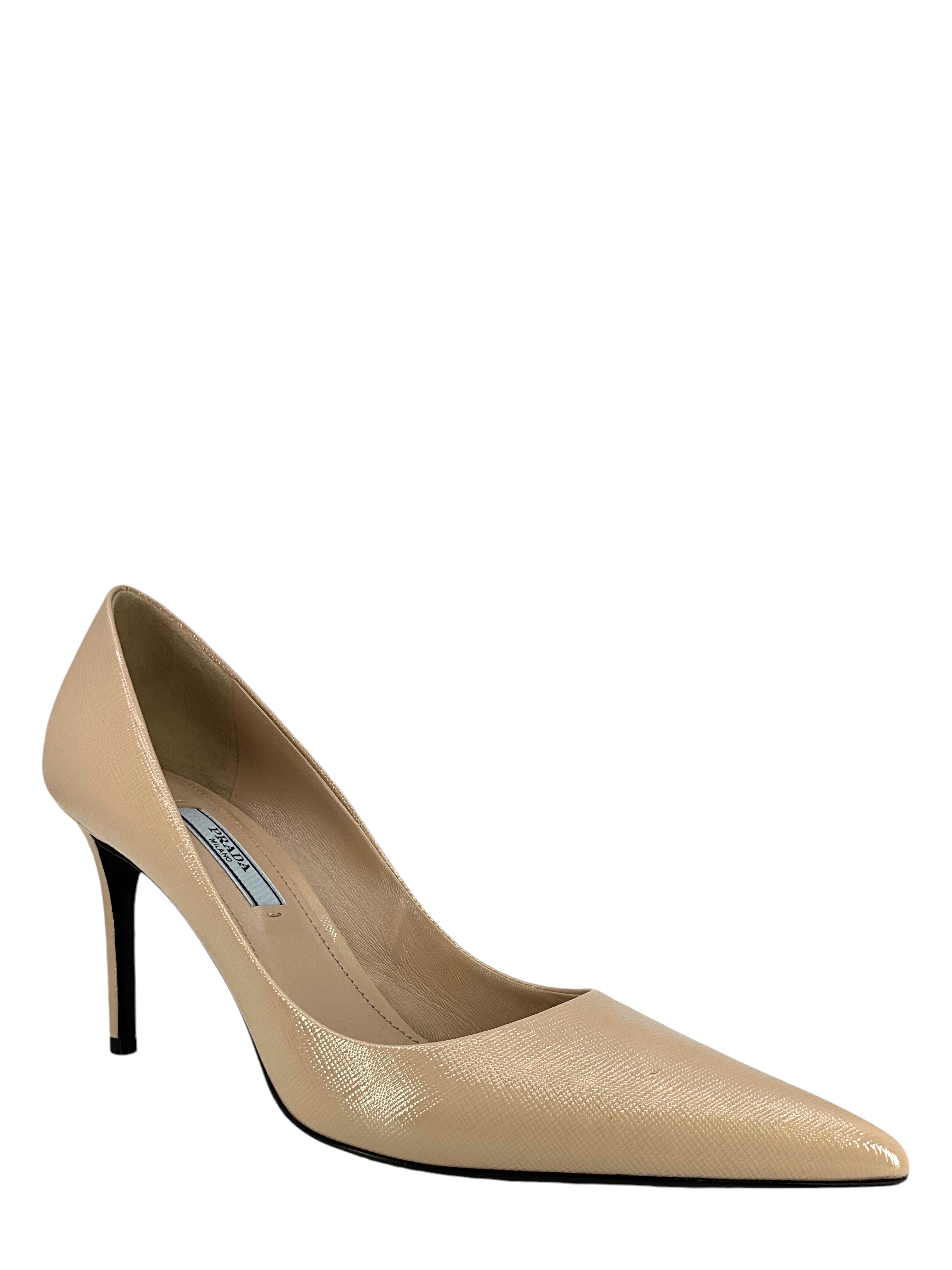 PRADA Saffiano Leather Pointed Toe Pumps Women's Size 7.5 - Luxury High Heels for Office, Party & Formal Events