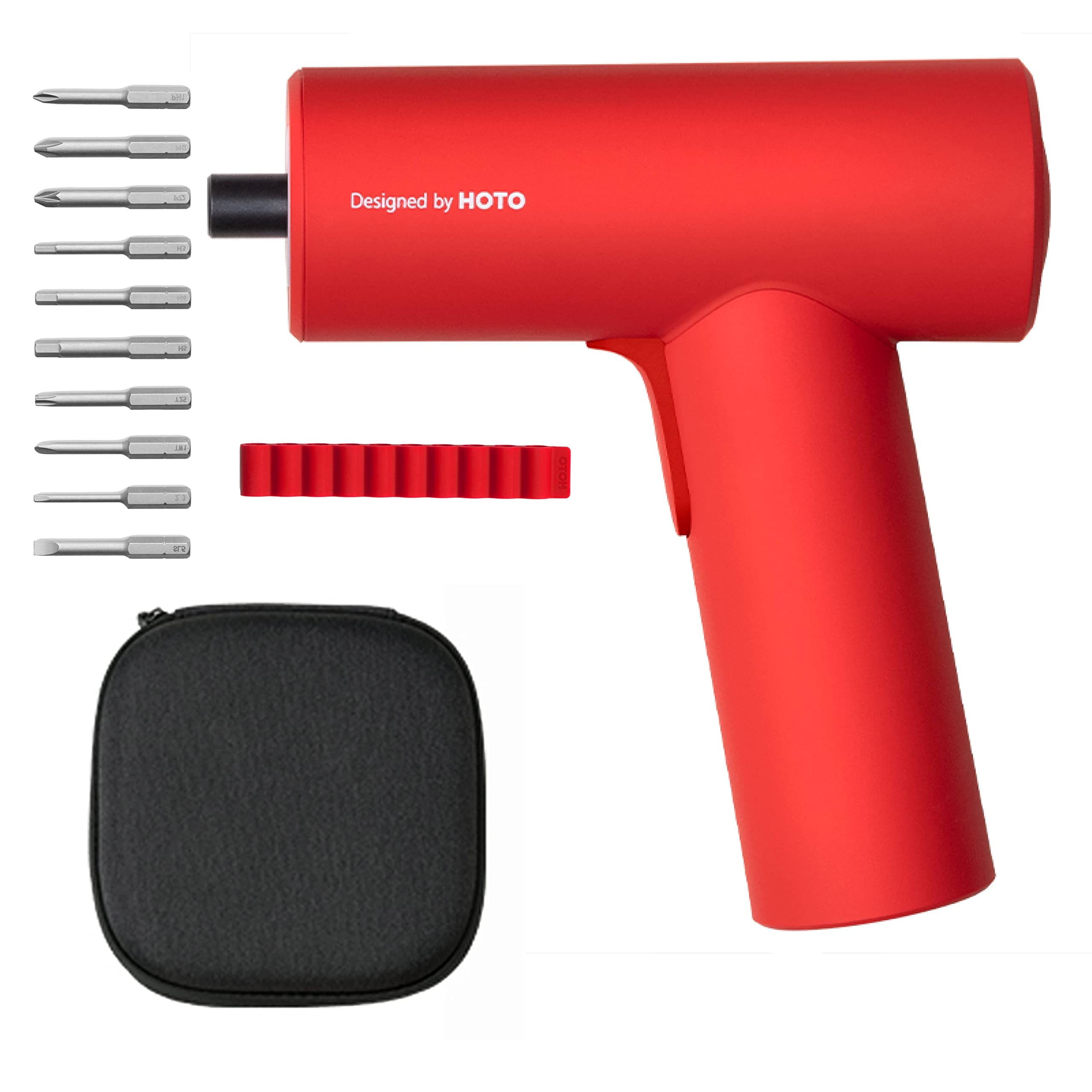 HOTO 3.6V Cordless Electric Screwdriver Set with 10 Bits, USB-C Rechargeable, 5 N.m Torque & LED Light - Perfect for Furniture Assembly, Home Repairs and DIY Projects (2000mAh Battery, Includes Storage Bag, Dazzling Red)