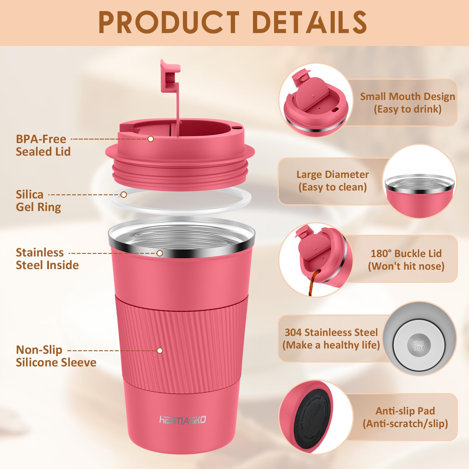 Hestiasko 13 oz (380ml) Double Walled Vacuum Insulated Travel Coffee Mug - 304 Stainless Steel Leakproof Tumbler with Lid for Hot & Cold Drinks (Rose Red) - Perfect for Coffee, Tea, Cola, Milk on the Go, Office, Commuting & Outdoor Activities