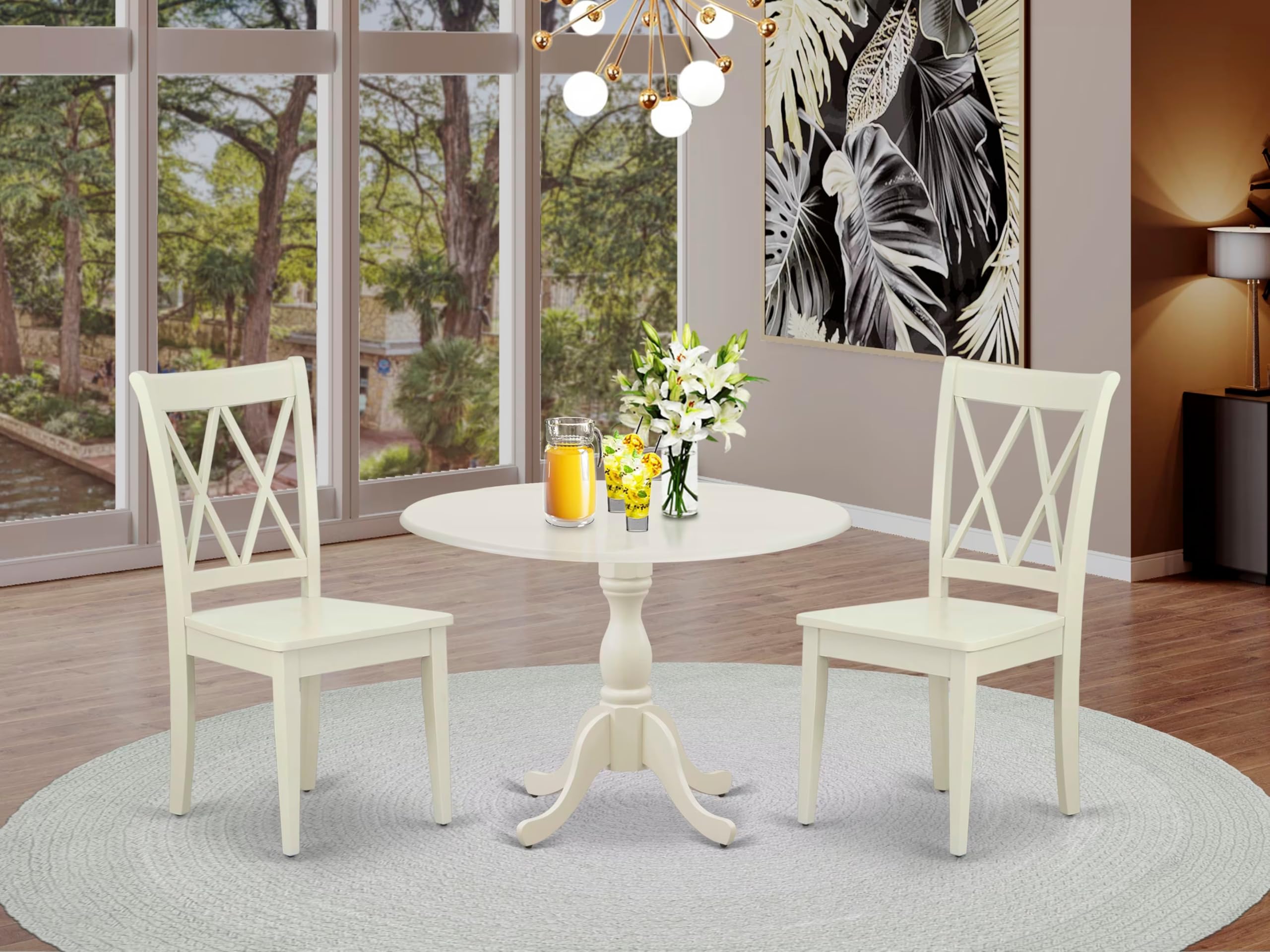 East West Furniture DMCL3-LWH-W 3 Piece Round Dinette Set with Drop Leaf Table & 2 Chairs for Small Spaces, 42x42 Inch, Linen White - Perfect for Apartments, Breakfast Nooks & Cozy Dining Areas