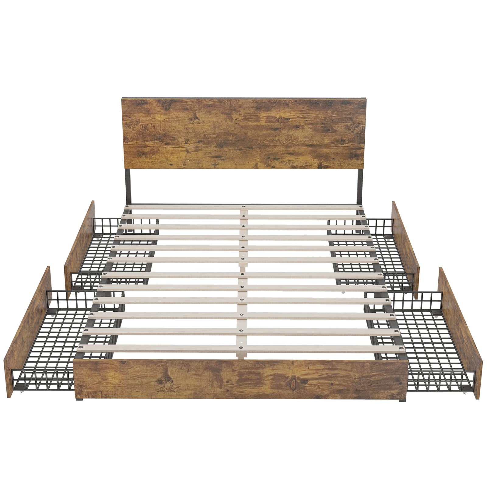 BALUS King Size Bed Frame with Headboard & 4 Storage Drawers - Heavy Duty Wood & Metal Platform Bed, No Box Spring Needed, Noise Free & Easy Assembly - Perfect for Master Bedroom, Guest Room & Small Space Storage Solutions