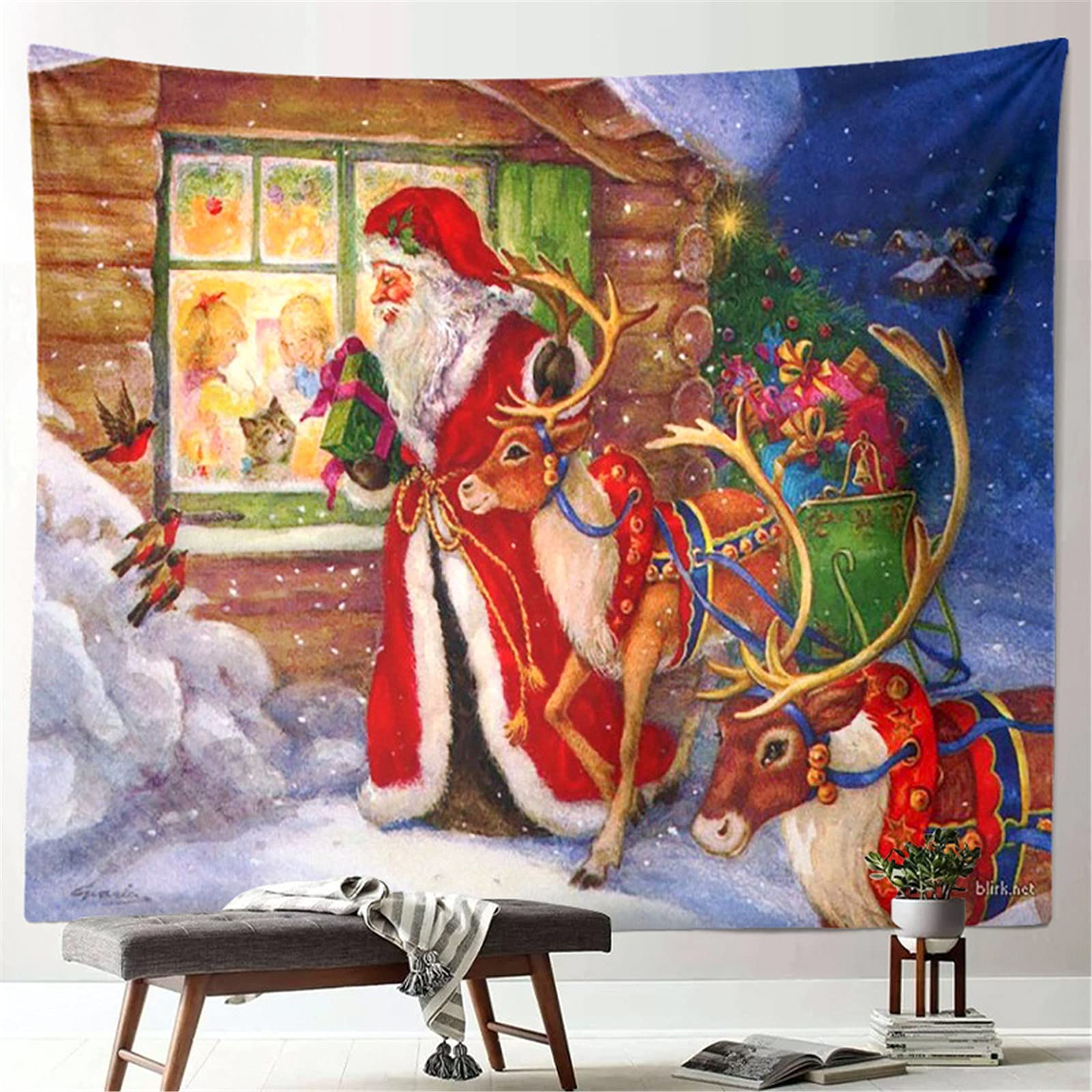 Christmas Tapestry Wall Hanging - Elk Pulling Sleigh Santa Claus Design - Polyester Holiday Decor for Bedroom, Living Room & Dorm - Perfect Winter Xmas Home Decoration for Festive Season