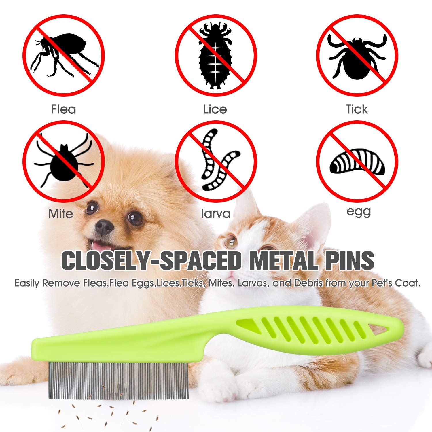 **Premium Metal Flea Comb for Cats & Dogs - Durable Lice & Tear Stain Remover, Detangles Hair, Reduces Dandruff - 3-Piece Pet Grooming Set with Storage Pouch (Green) - Perfect for Daily Grooming & Flea Control**