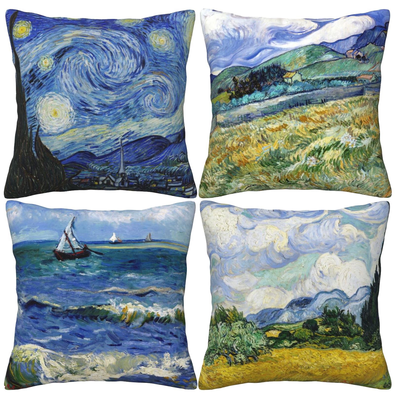 Van Gogh Starry Night Pillow Covers Set of 4 - 16x16 Inch Square Decorative Cushion Covers for Sofa, Couch & Bed - Inspired by Sea Starry Night Art Design (40x40 cm) - Perfect for Living Room, Bedroom & Home Decor