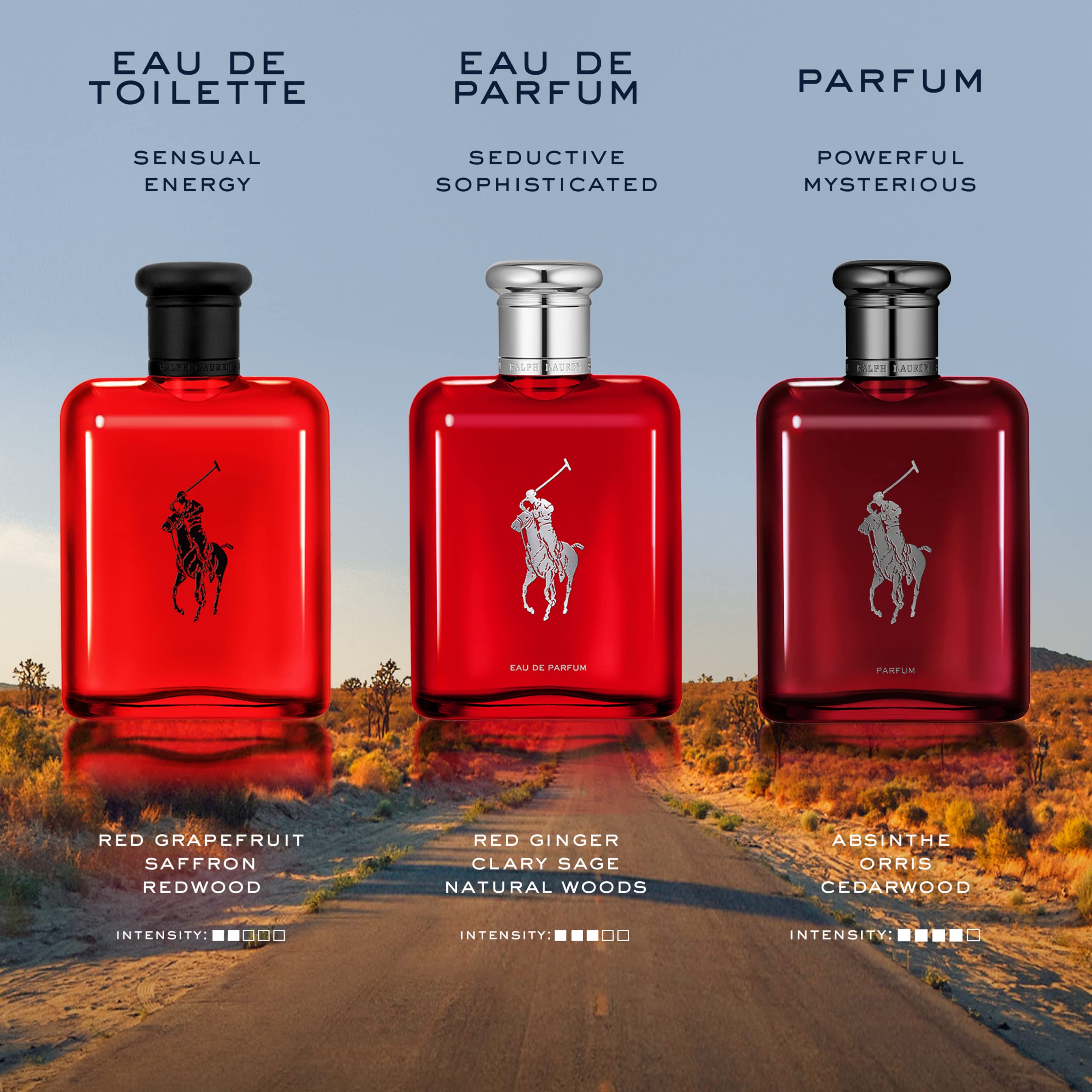 RALPH LAUREN Polo Red Eau de Toilette for Men - Refillable Cologne Set with Woody Spicy Scent (Grapefruit, Saffron, Redwood) - 2.5 oz & 5.1 oz Bottles - Perfect for Date Night, Office & Special Occasions