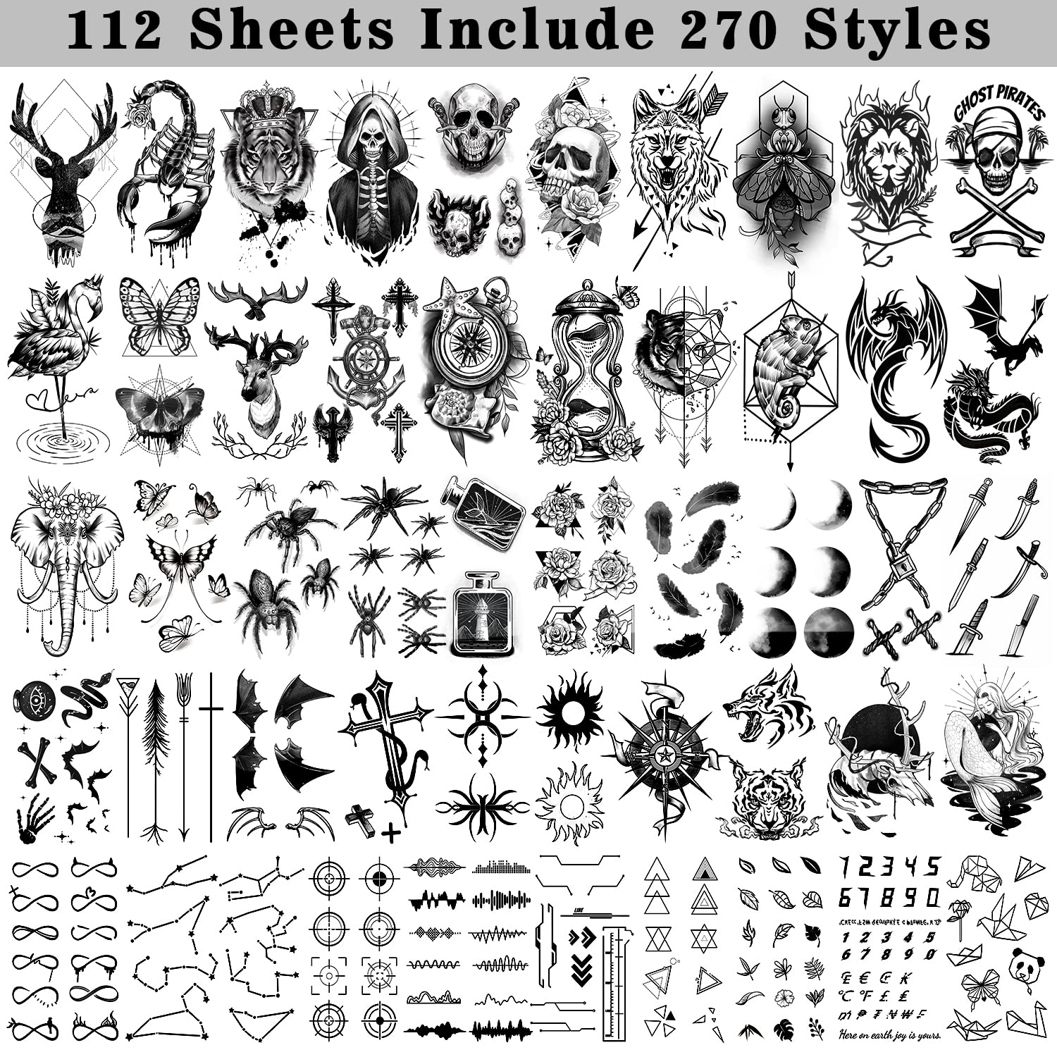 Acevegue 112 Sheets Temporary Tattoos for Women & Men - Realistic Fake Tattoo Stickers (Skeleton, Lion, Snake, Moon, Constellation, Flamingo, Flowers, Butterfly) | Semi-Permanent Body Art for Parties, Halloween, Cosplay & Festivals