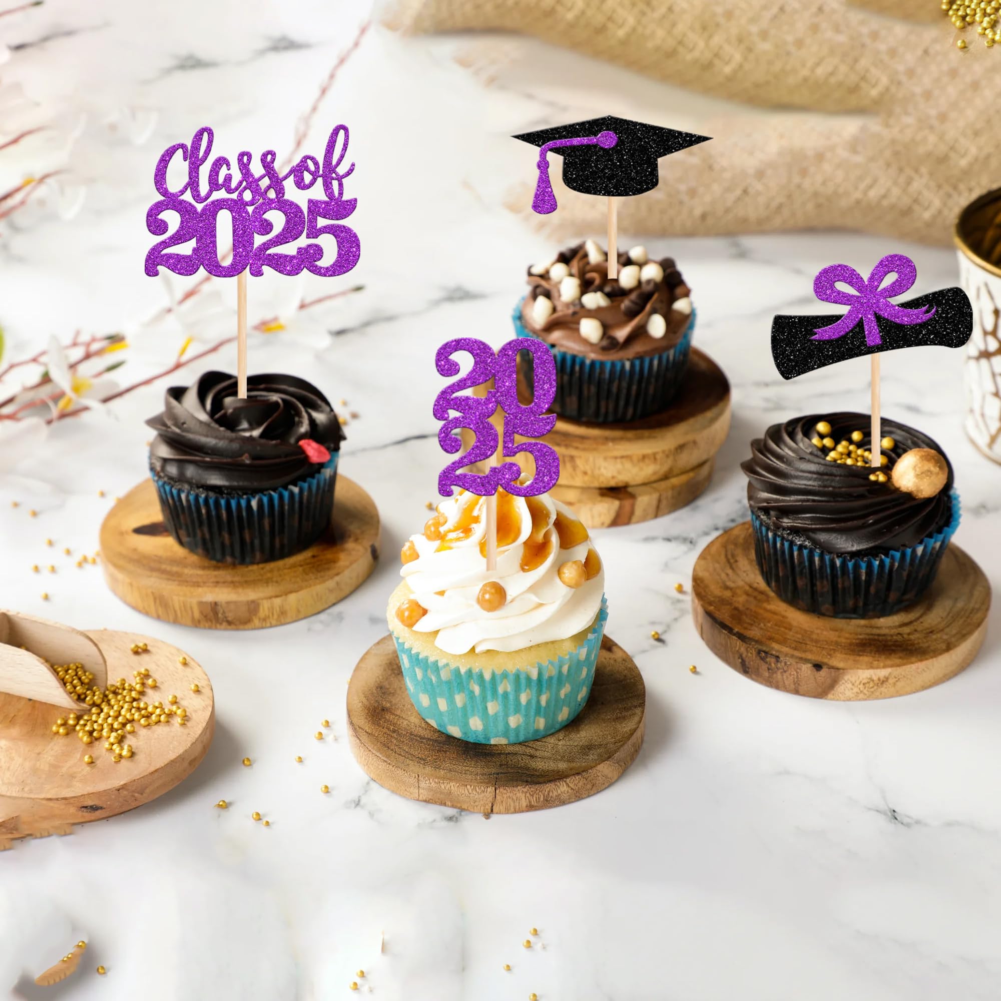 36 PCS 2025 Graduation Cupcake Toppers - Glitter Class of 2025 Diploma & Cap Cake Decorations - Purple Graduation Party Supplies for Graduation Cakes, Cupcakes & Desserts