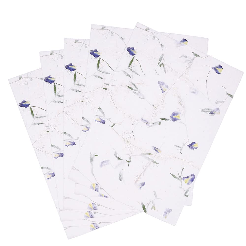 Handmade Thick Natural Mulberry Paper Sheets for Painting, Writing, Card Making & DIY Crafts - Butterfly Pea Flowers & Grass Leaves Design (20
