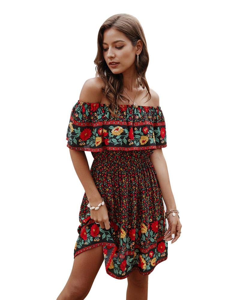 Boho Floral Print Off Shoulder Mini Dress for Women - High Waist Ruffle Swing Skater Dress for Casual Wear & Beach Vacation | Perfect for Summer Outings, Date Nights and Tropical Getaways