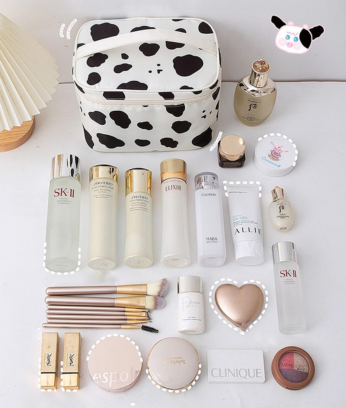Wolpin PU Cow Print Makeup Bag - Large Waterproof Cosmetic Organizer with Brush Holder, Travel Toiletry Case (21.5 x 16.5 x 12 cm) - Perfect for Travel, Home Storage & Daily Makeup Organization