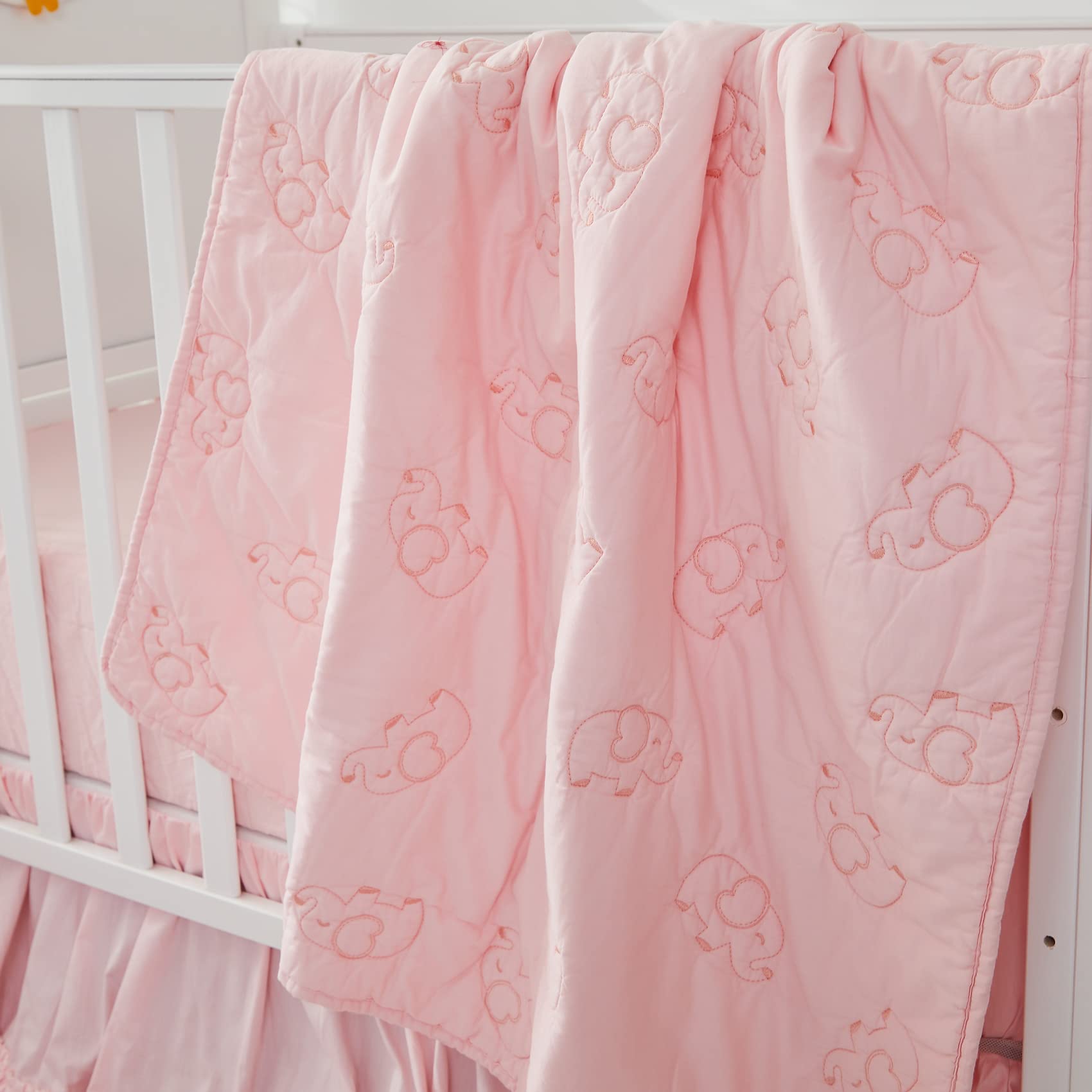 Brandream 6-Piece Pink Elephant Embroidered Cotton Crib Bedding Set for Baby Girls - Soft Nursery Bedding with Chic Design - Perfect for Newborns, Infants & Toddlers in Nursery Rooms or Daycare Centers
