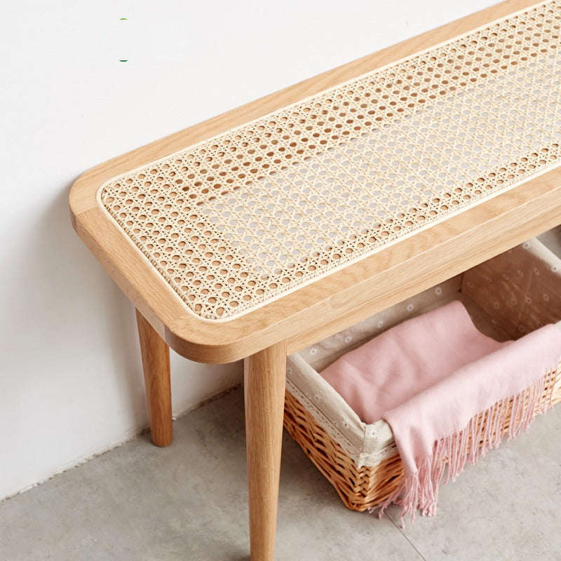 Solid Oak Wood Rattan Bench - Rustic Entryway, Patio, or Garden Seating - Handwoven Wicker Design for Indoor and Outdoor Use