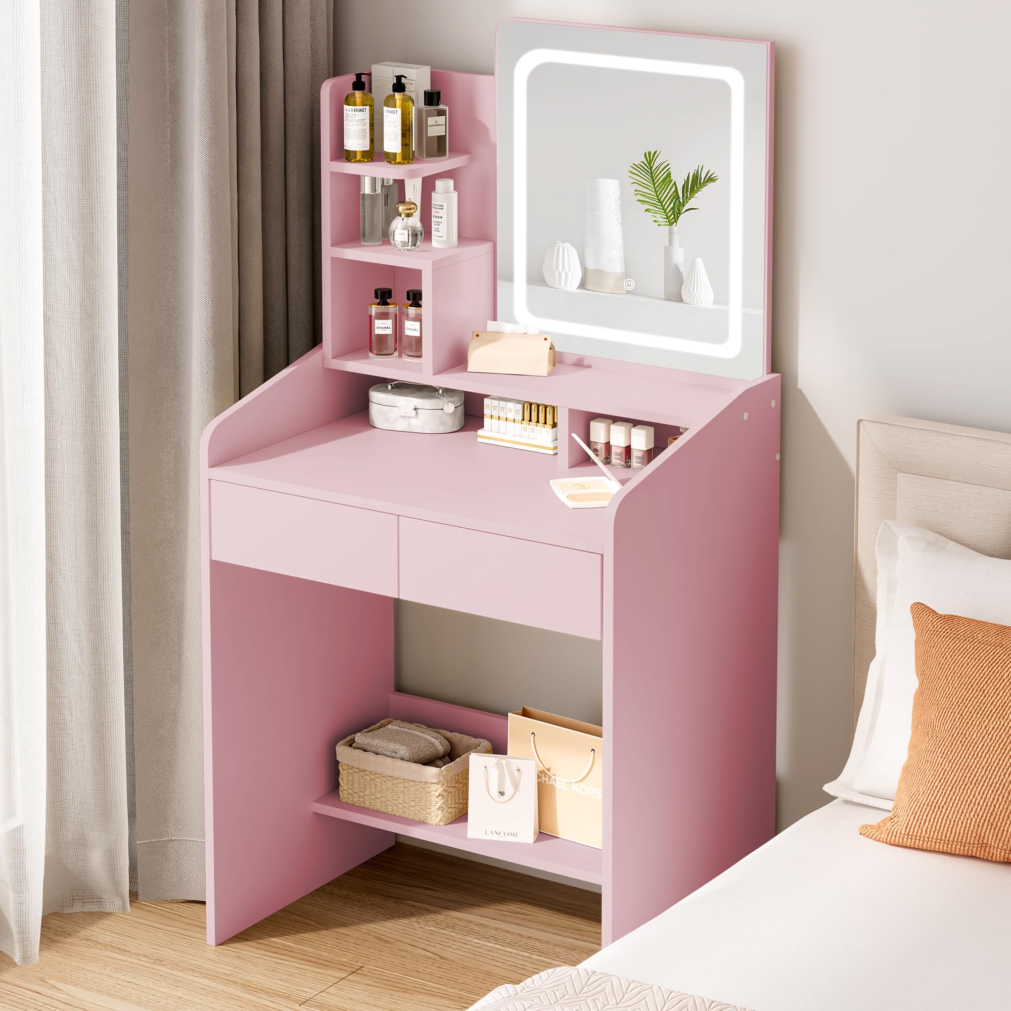 Elegant Pink Vanity Desk Set with Square Mirror & LED Lights - Small Makeup Table with Drawers for Bedroom - Perfect for Dressing, Makeup Application & Home Decor