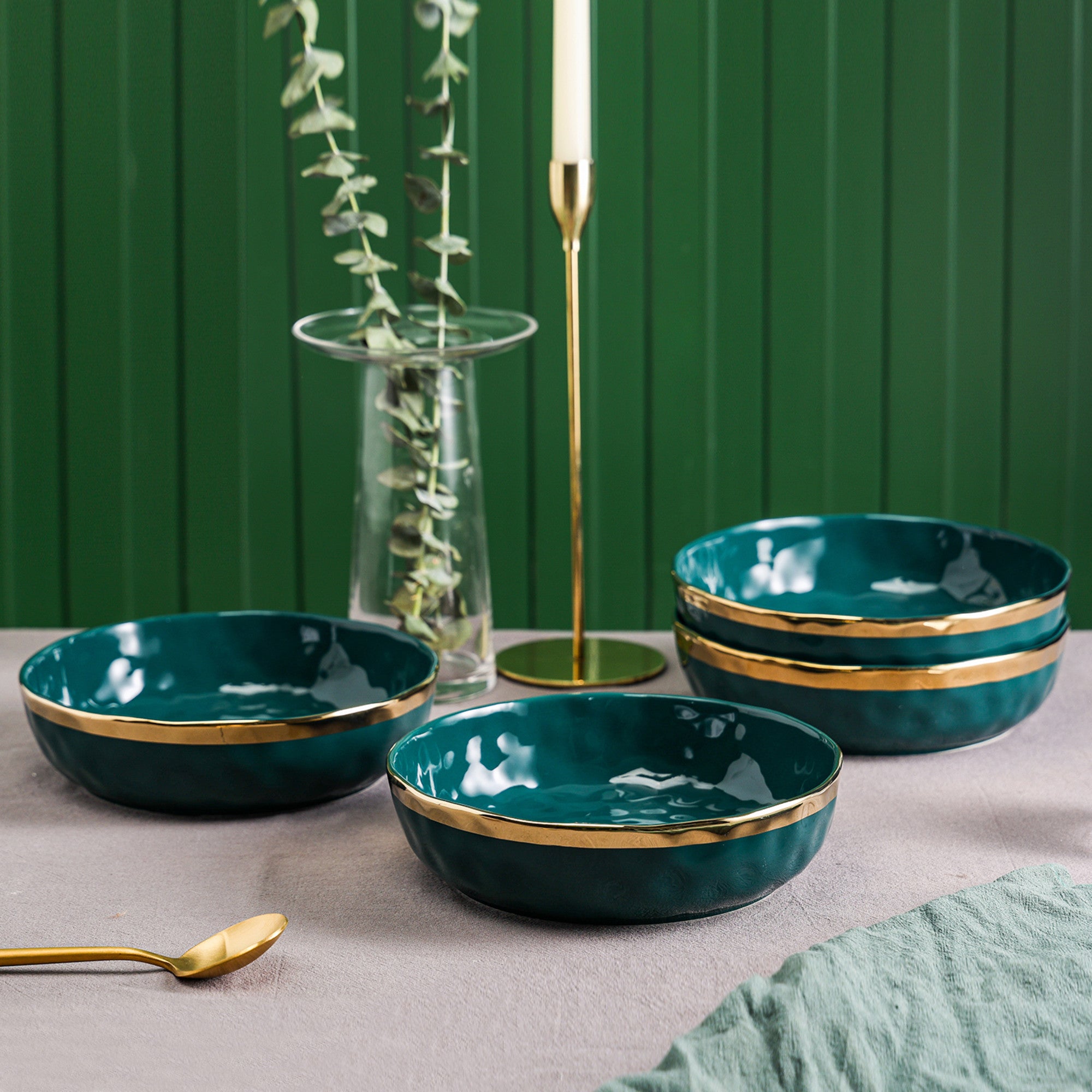Premium Florian Porcelain Dinnerware Set - 6-Piece Green Serving Bowls for Soup, Salad & Dessert | Elegant Tableware for Home Dining & Entertaining