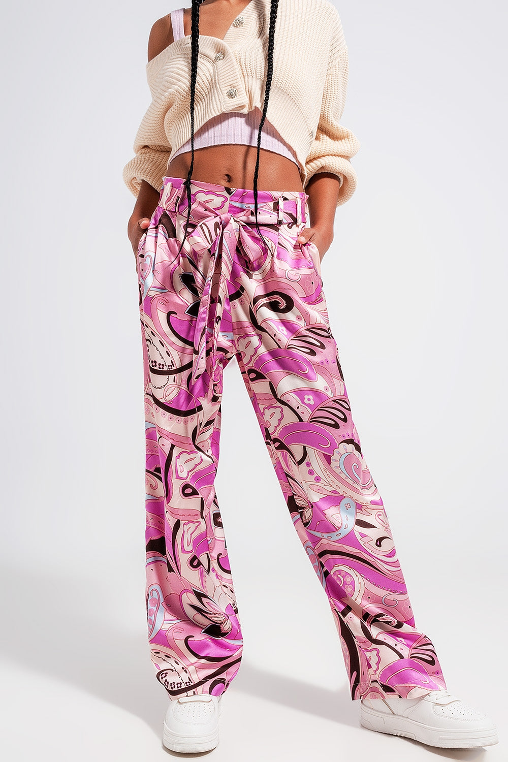 Women's Wide Leg Pants with Pink Belt - Comfortable High Waist Trousers for Casual Wear & Office Outfits