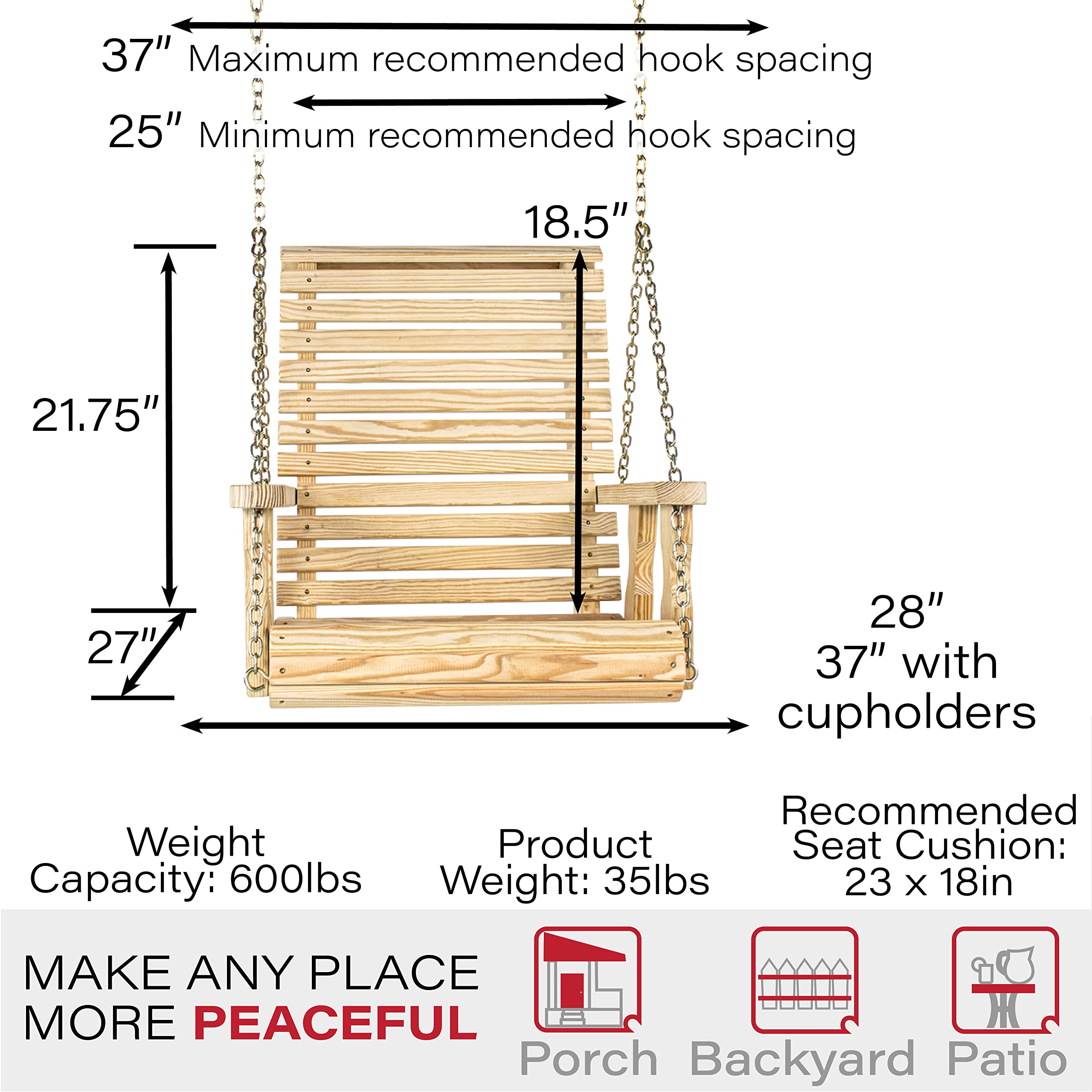 Amish Heavy Duty Roll Back Pressure Treated Swing Chair (Unfinished) - Outdoor Patio Furniture for Garden, Porch, and Backyard Relaxation