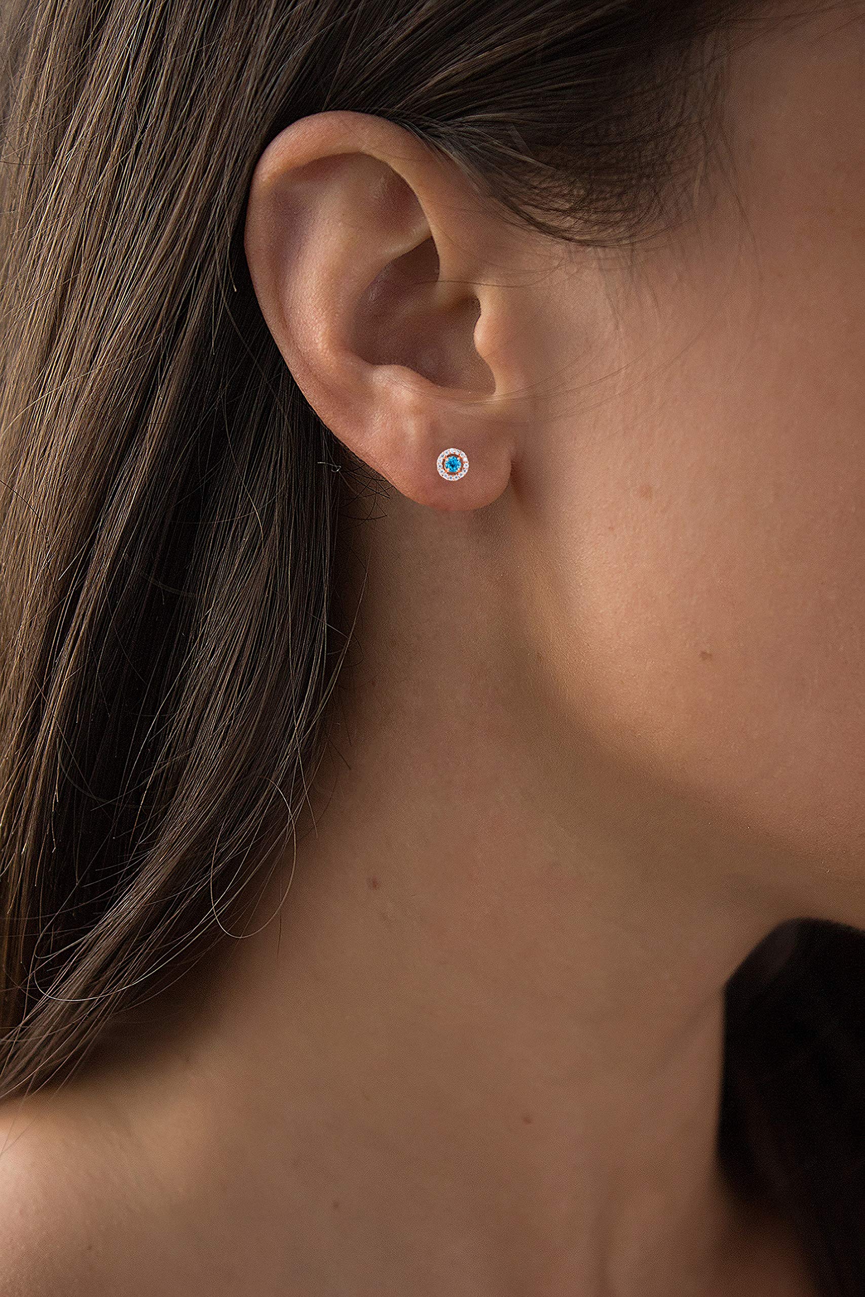 14K Solid Gold 6mm Halo Natural Birthstone Screwback Stud Earrings for Women | 3mm Round Birthstone | 1mm Created White Sapphire Halo Earrings | Perfect for Birthdays, Anniversaries & Everyday Elegant Wear