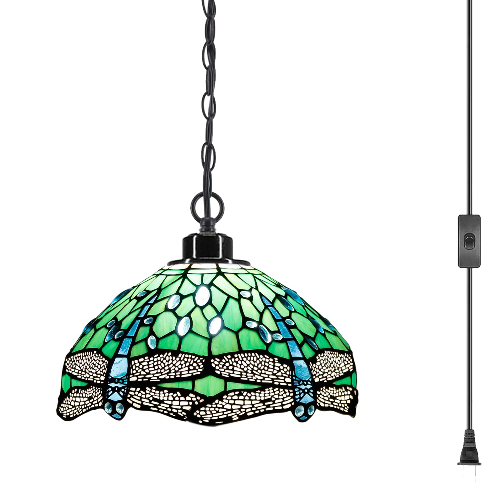 Tiffany Style Plug-in Stained Glass Swag Pendant Light - 12x12x18 Inch Green Dragonfly Design for Dining Room, Living Room, Bedroom - Vintage Hanging Lamp for Home Decor, Kitchen Island & Entryway Lighting