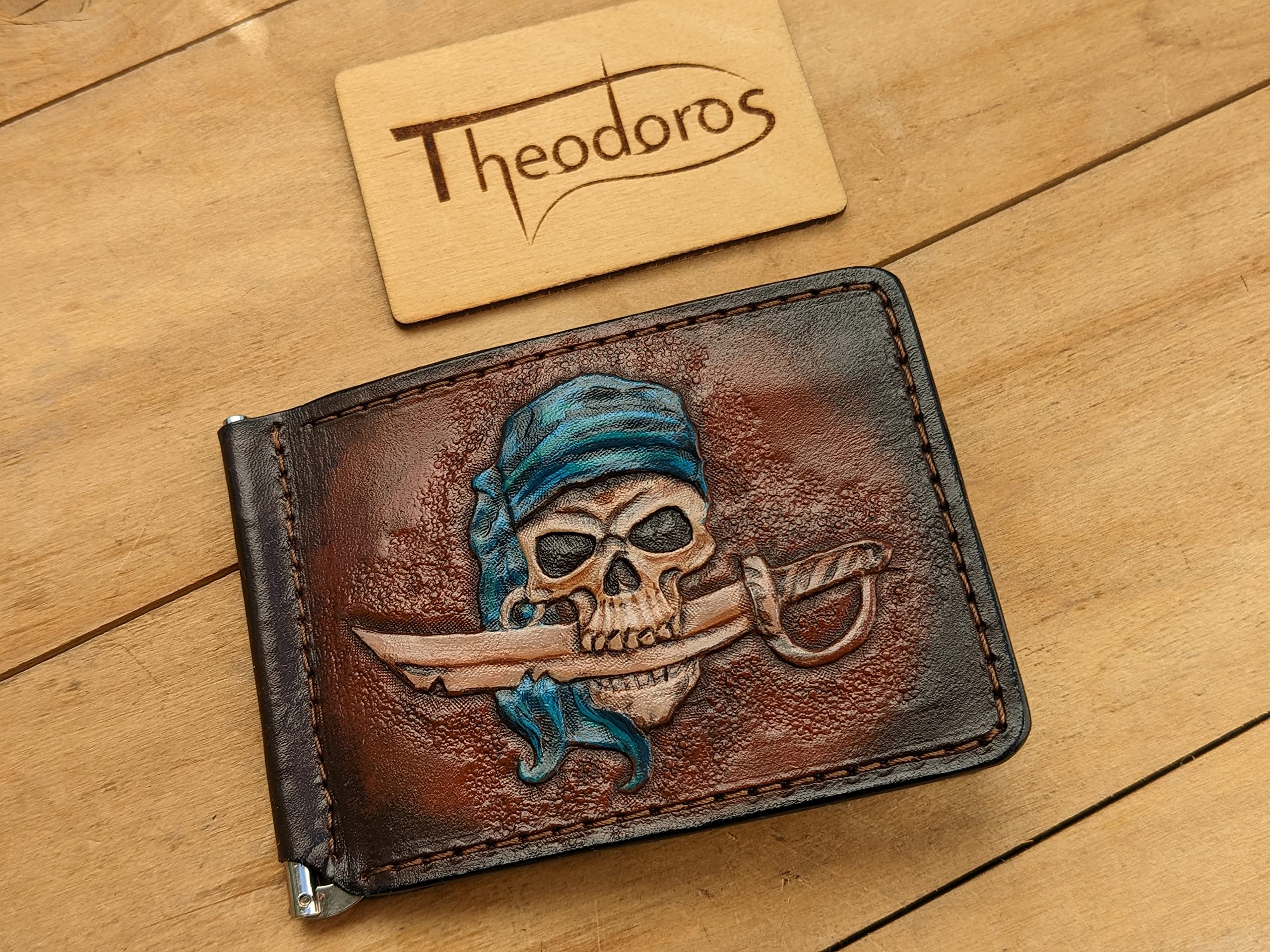 Handmade 3D Genuine Leather Pirate Sword & Skull Wallet for Men - Caribbean Themed Money Clip with Airbrush Art - Custom Personalized Carved & Tooled Leather Bifold Wallet - Perfect for Gifts, Collectors & Pirate Enthusiasts