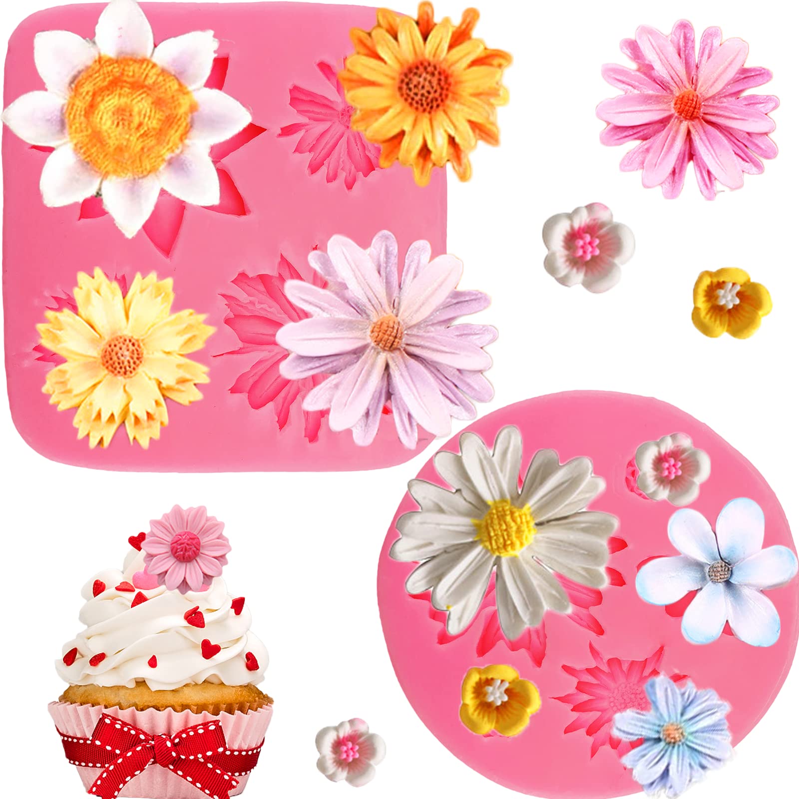 2-Piece Large Chrysanthemum & Daisy Silicone Mold Set - Floral Fondant, Chocolate, Resin Molds for Cake Decorating, Cupcake Toppers, Ice Cubes & DIY Crafts - Lotus & Rose Shapes for Baking & Home Decor