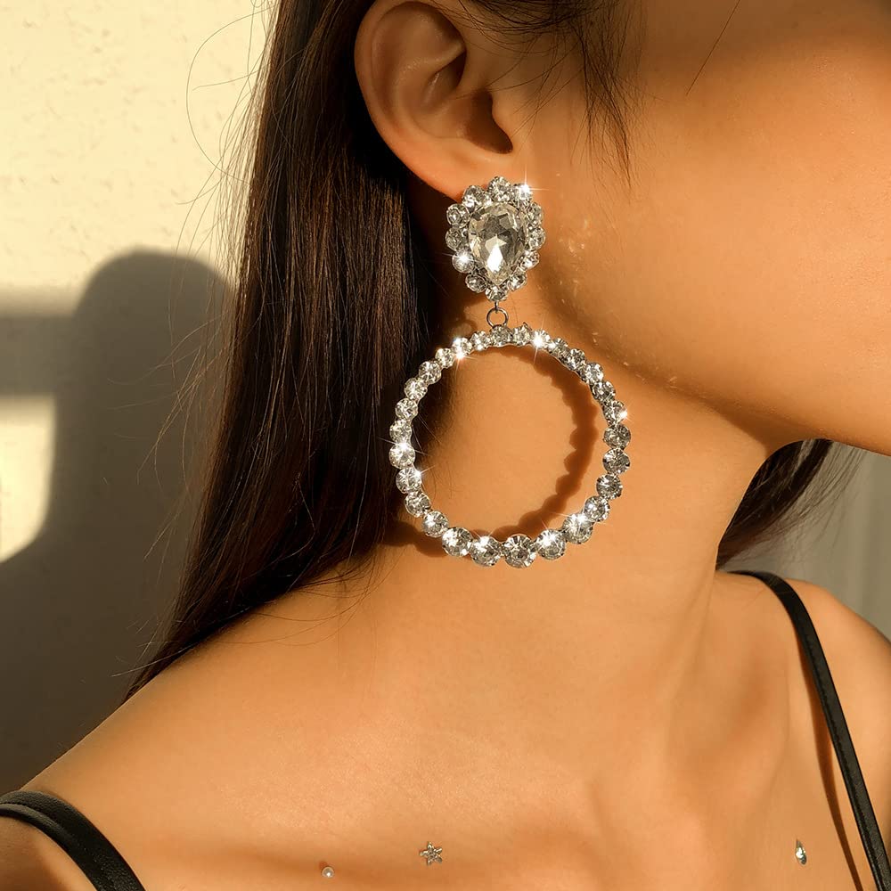 Jumwrit Rhinestone Large Hoop Earrings for Women - Big Circle Dangle Statement Jewelry, Sparkling Geometric Teardrop Earrings (Silver) | Perfect for Parties, Weddings & Evening Events