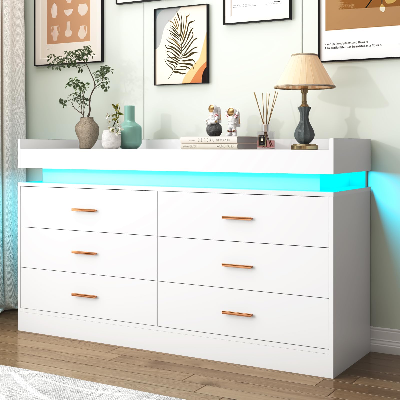 6-Drawer LED Dresser with USB Charging Station - Modern White Chest of Drawers for Bedroom, Closet & Entryway - Spacious Storage Cabinet with Wide Drawers for Clothes, Accessories & Home Organization - Perfect for Apartments, Dorms & Small Spaces