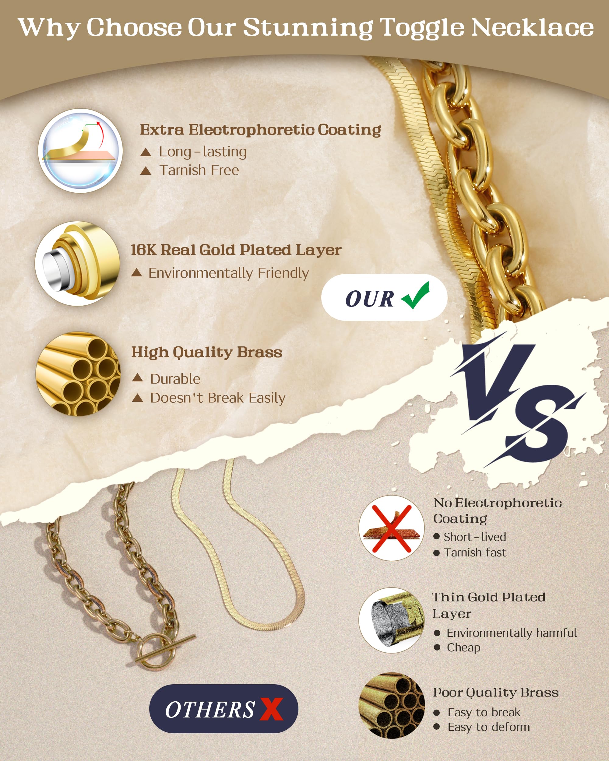18K Chunky Gold Necklace for Women & Men - Sweatproof & Non-Tarnish Layered Chain Necklace - Thick Herringbone Paperclip Necklace Stack - Perfect for Layering, Everyday Wear & Special Occasions