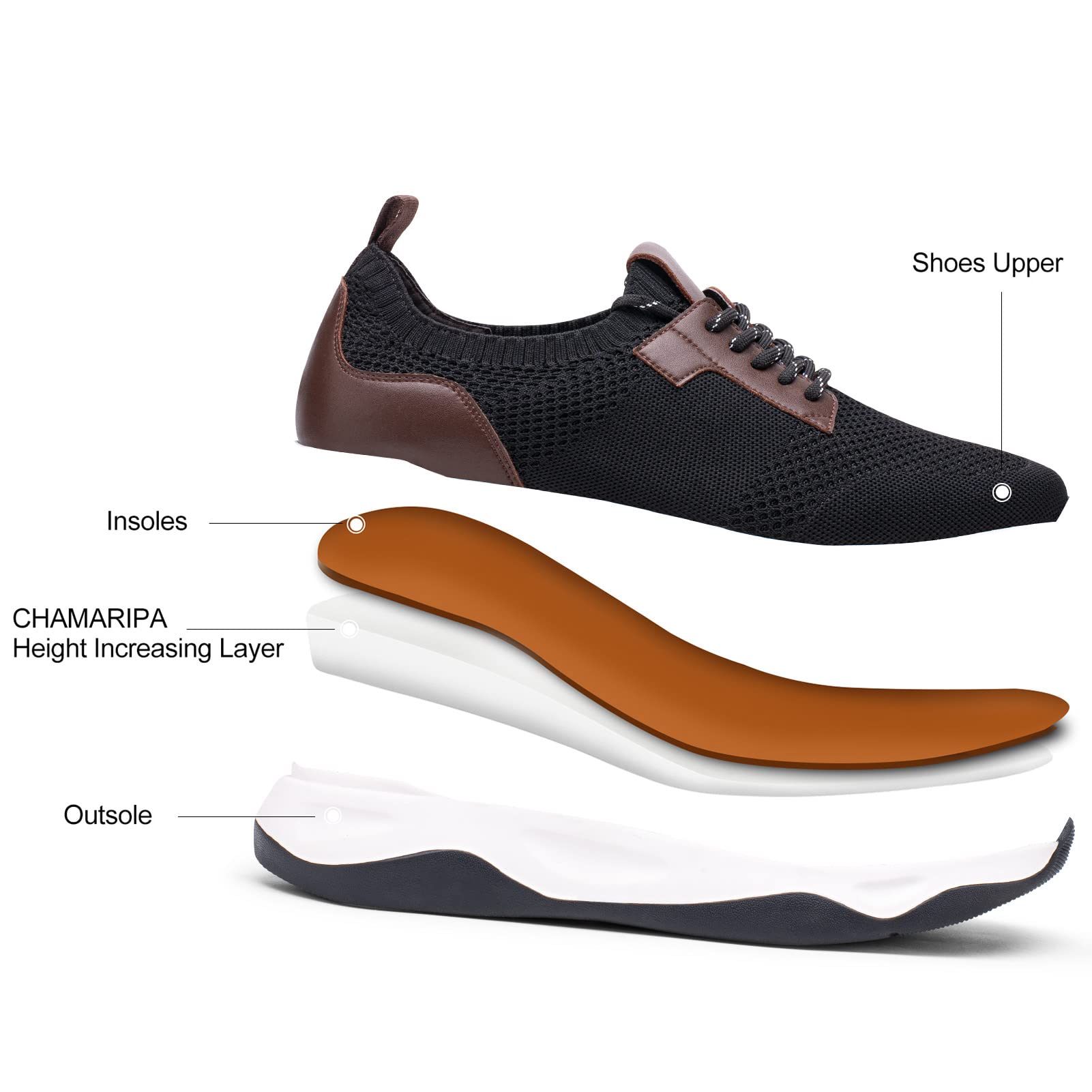 CHAMARIPA Men's Height Increasing Elevator Shoes - Invisible Lifting Sneakers with Hidden Heel for Casual Wear & Dating (3.5 Inch Height Boost)
