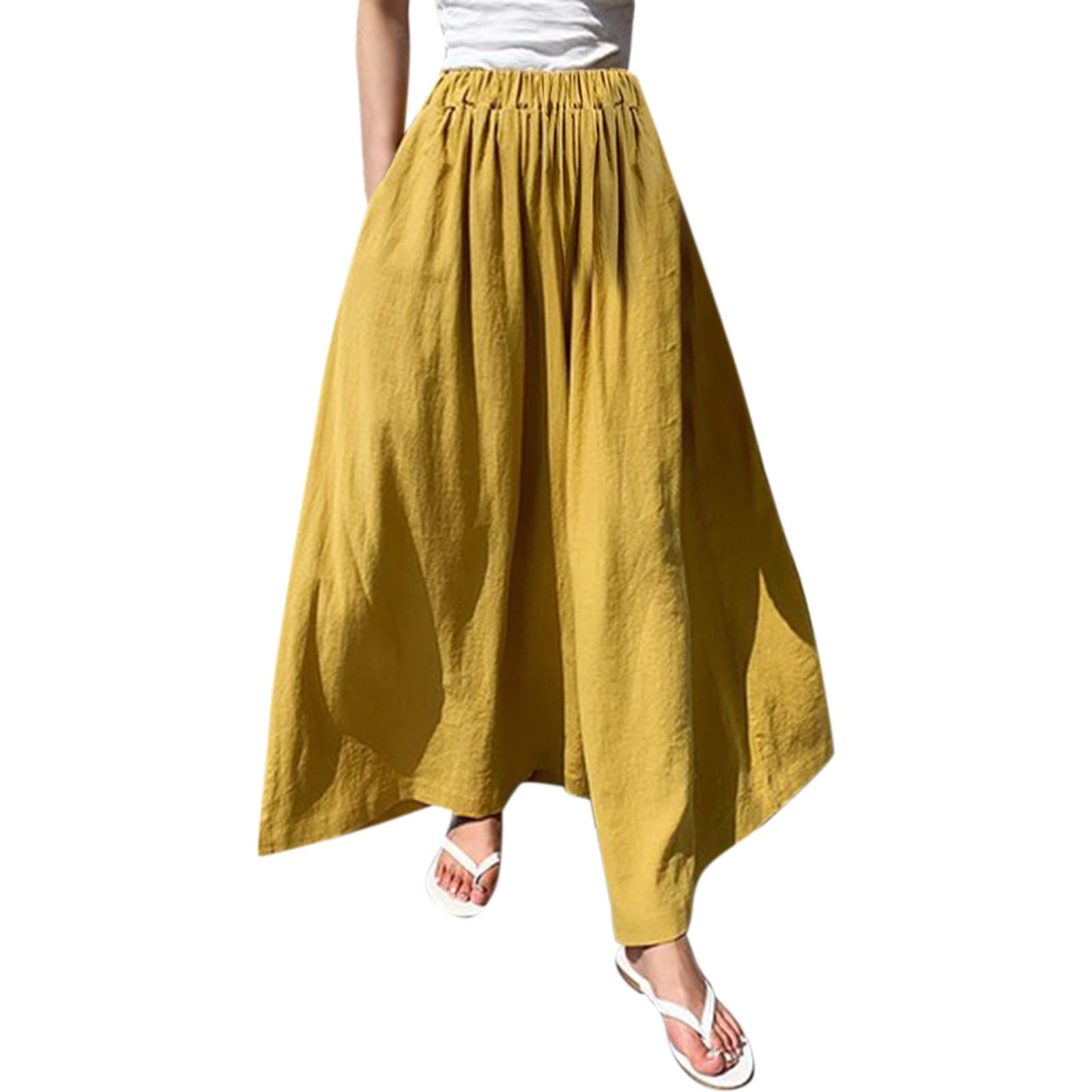 Women's Cotton Linen Elastic Waist Casual Pants - Comfortable Joggers & Yoga Pants with Pockets, Wide Leg Trousers for Work, Travel and Lounge Wear