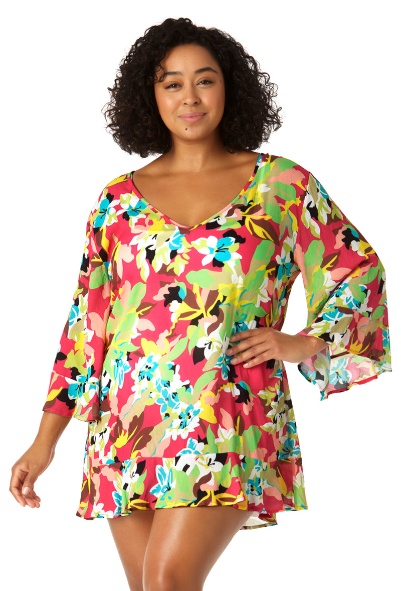 Anne Cole Plus Women's Flounce V-Neck Tunic Swimsuit Cover Up - Stylish Beachwear for Poolside, Resort & Vacation Outfits