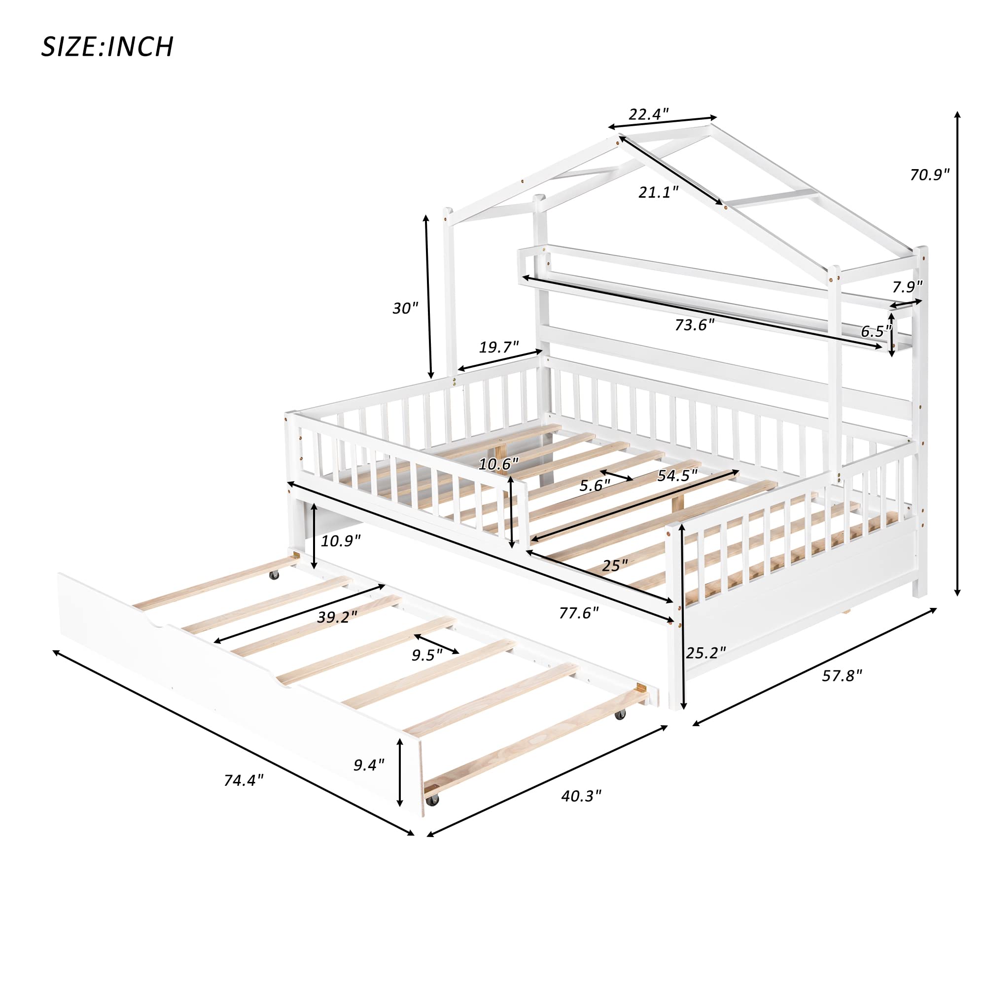 DEINPPA Full House Bed with Trundle - Wooden Kids Bed Frame with Storage Shelf & Safety Guardrails - No Box Spring Needed - Decorative Roof Design for Boys & Girls - Perfect for Toddler Bedrooms, Playrooms & Small Spaces (White)