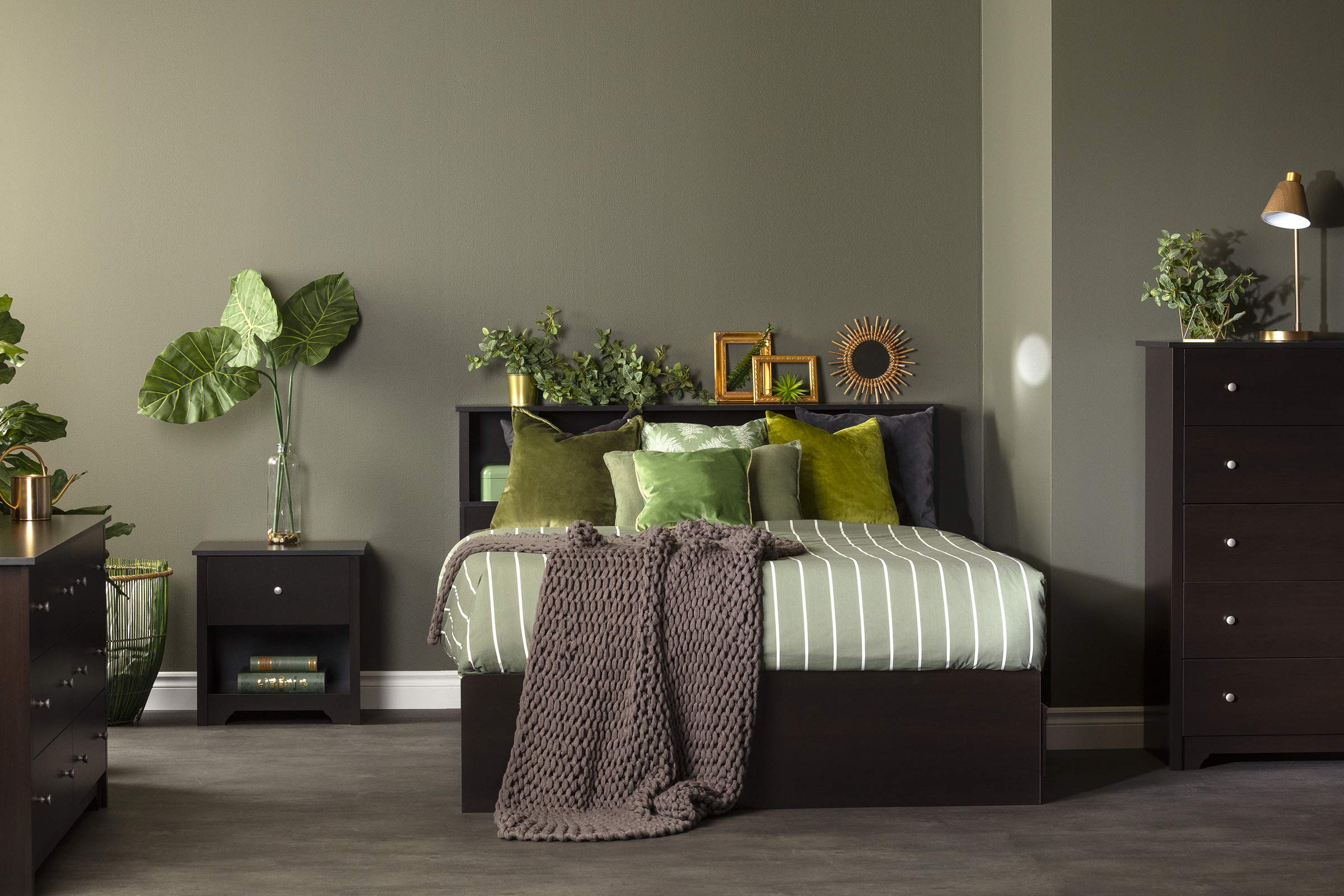 South Shore Vito Bookcase Headboard - Queen Size Bed with Storage, Chocolate Finish - Perfect for Small Bedrooms & Studio Apartments