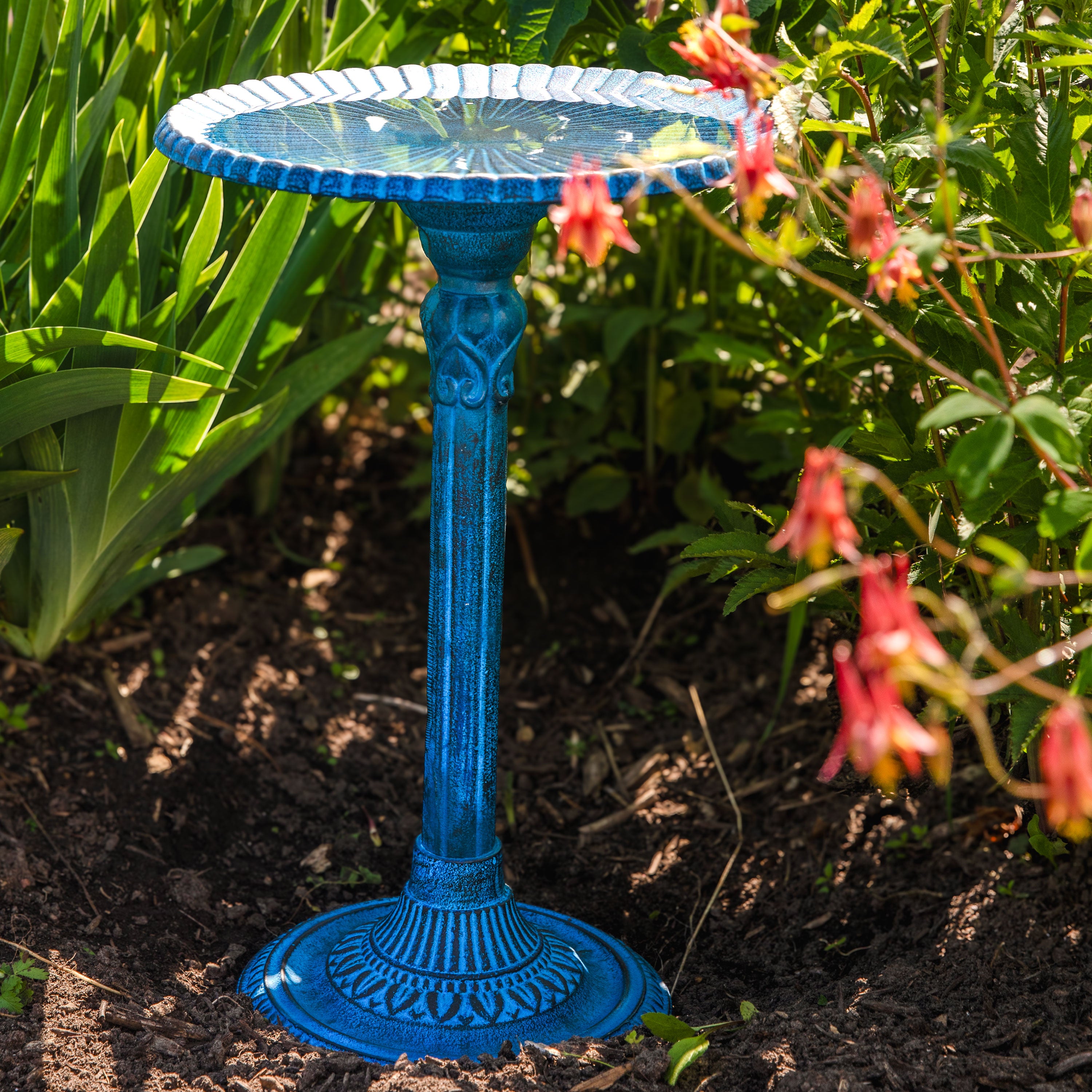 Sunnydaze Art Deco Sunburst Metal Bird Bath with Blue Patina - 14 Inch Outdoor Garden Decor for Birds & Decoration