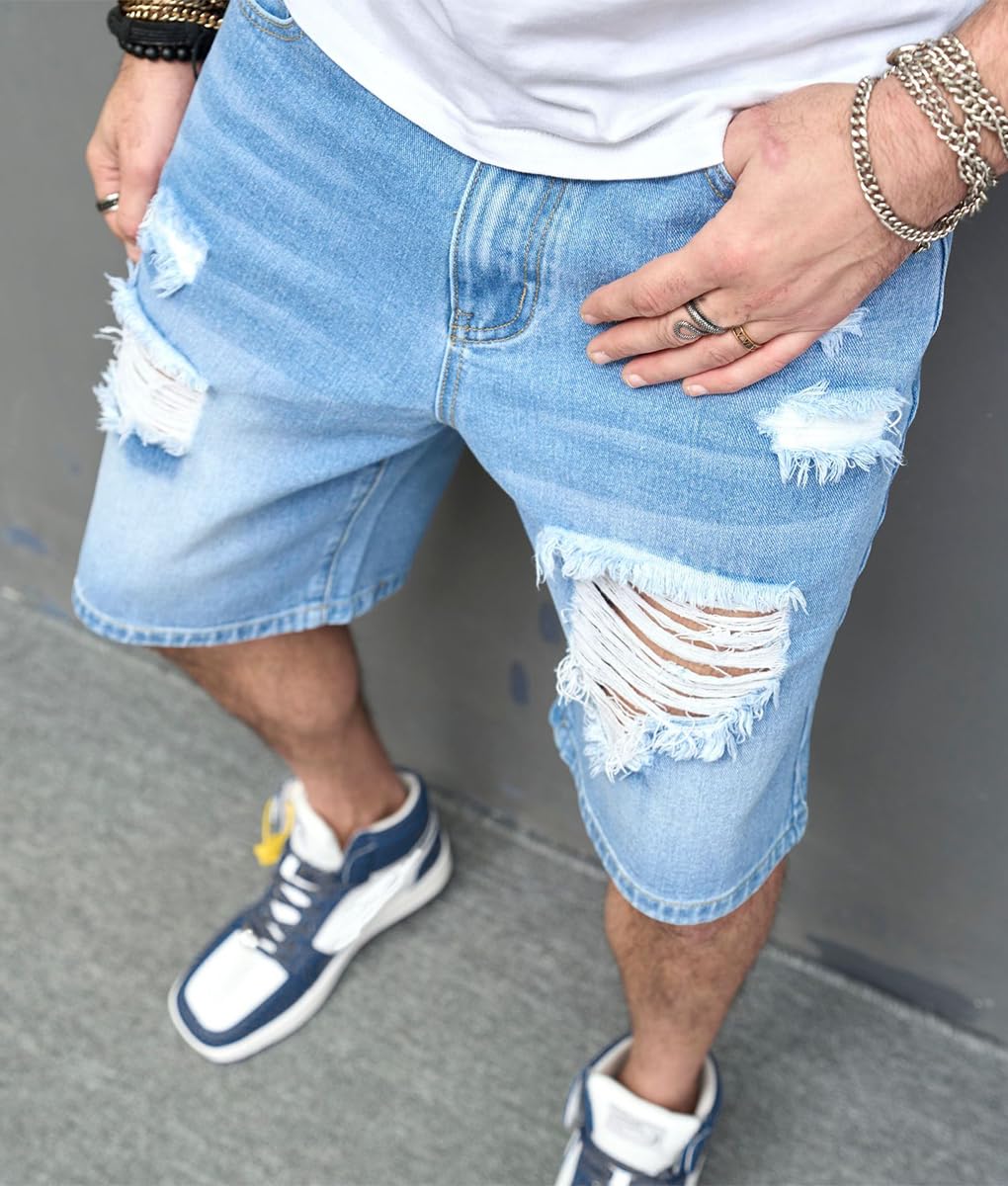 Kinghua Men's Ripped Distressed Loose Fit Straight Leg Denim Jean Shorts - Comfortable Casual Summer Wear for Outdoor Activities and Street Style