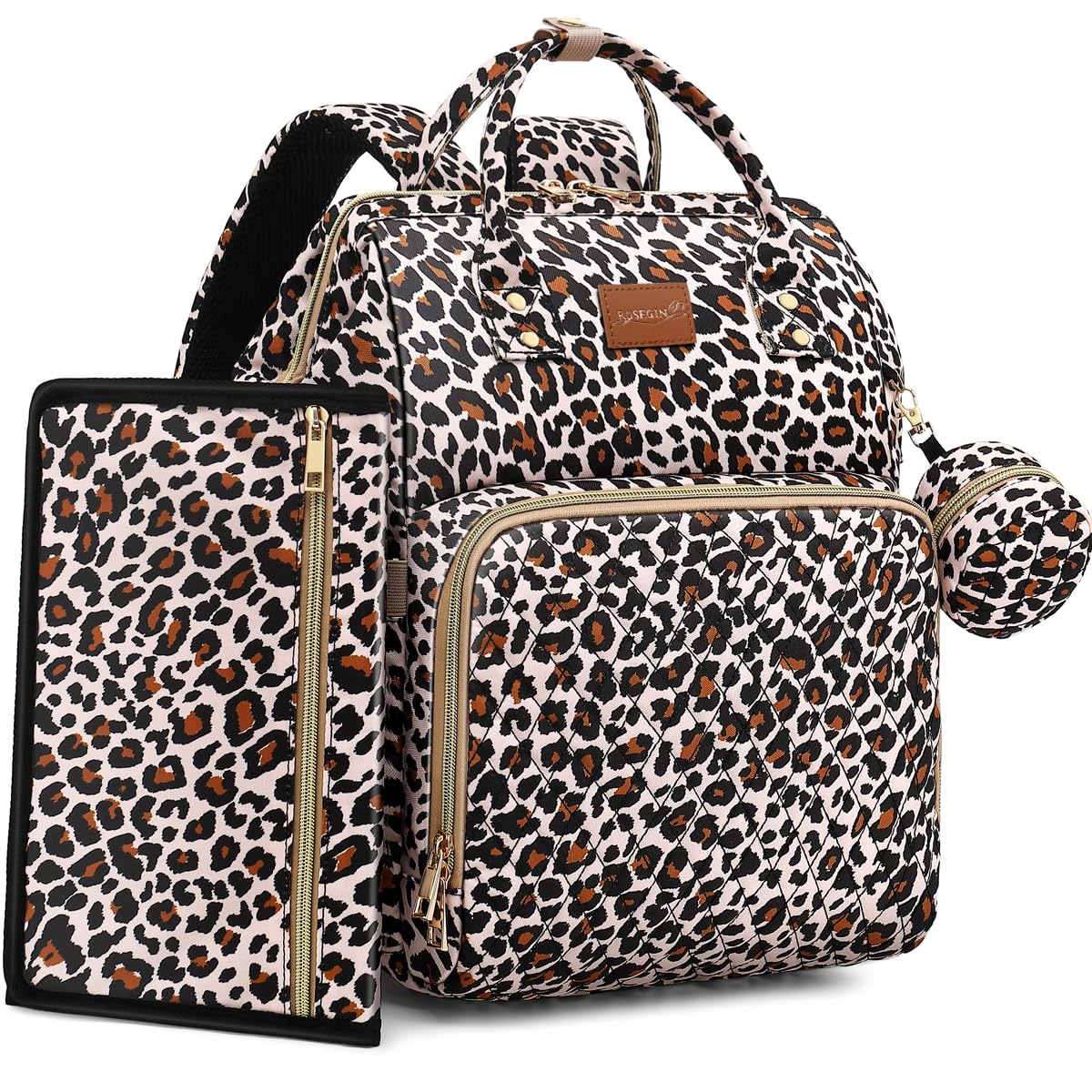 ROSEGIN Large Waterproof Diaper Backpack for Moms - Baby Bag with Changing Pad & Pacifier Case for Boys, Girls & Toddlers - Stylish Cheetah Print Travel Diaper Bag for Baby Showers, Outings & Daily Use